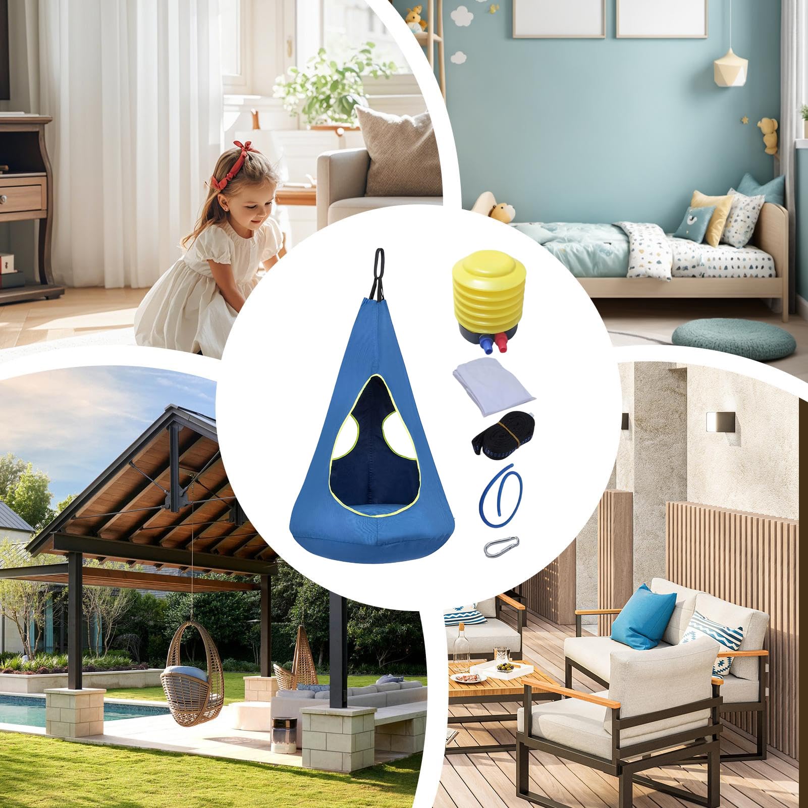 Hamac Balancelle – Avec Coussin MAX 150 kg Multifonction Réglable Confortable | Hamac Nid Intérieur/Extérieur pour Jeunes | Pour Salon Jardin Terrasse Balcon Pelouse Chambre