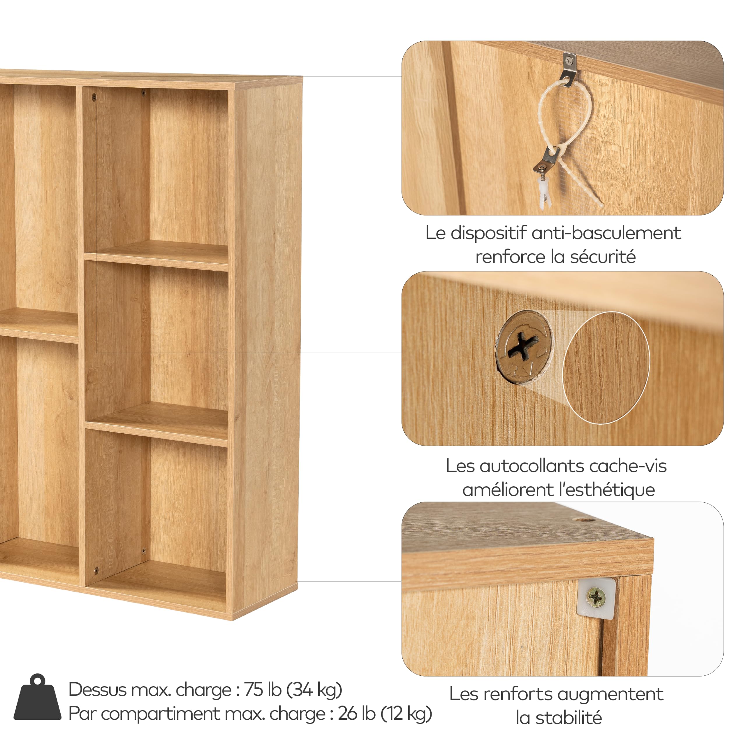 Bibliothèque Meuble de Rangement 6 Cubes, Étagère à Casiers en Bois avec Panneau Arrière, Bibliotheque Cubique, Armoire de Rangement Moderne Présentoir pour Chambre/Salon/Bureau, Chêne Naturel