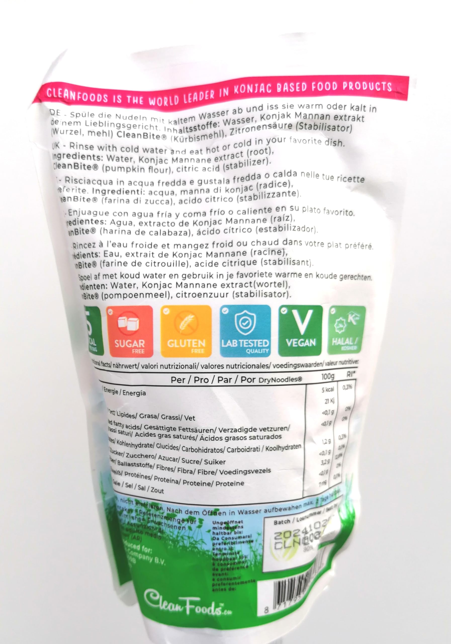 CleanFoods 21 calorías fideos konjac secos 75 g glucomanano shirataki sin gluten vegano