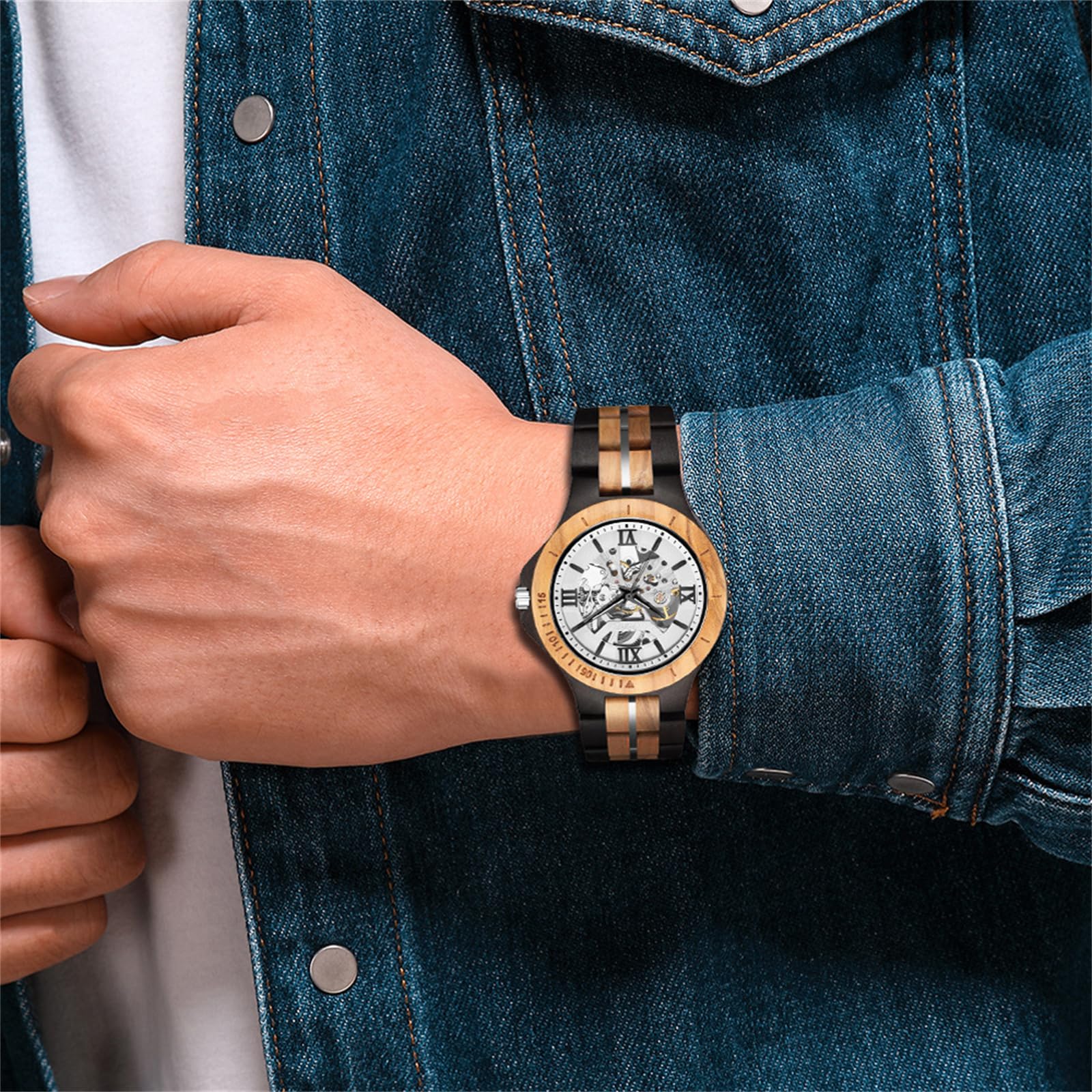 FORSINING Zegarki męskie, moda klasyczny drewniany design automatyczny szkielet zegarek na rękę mechaniczne męskie zegarki świecące wodoodporne
