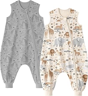Unnivoll Baby Schlafsack mit Füßen 0,5 Tog Schlafsack Baby Sommer 2er Pack Baumwolle Schlafsack mit Beinen Babyschlafsack Weich 80 cm für Jungen Mädchen Beige Grau Elefanten