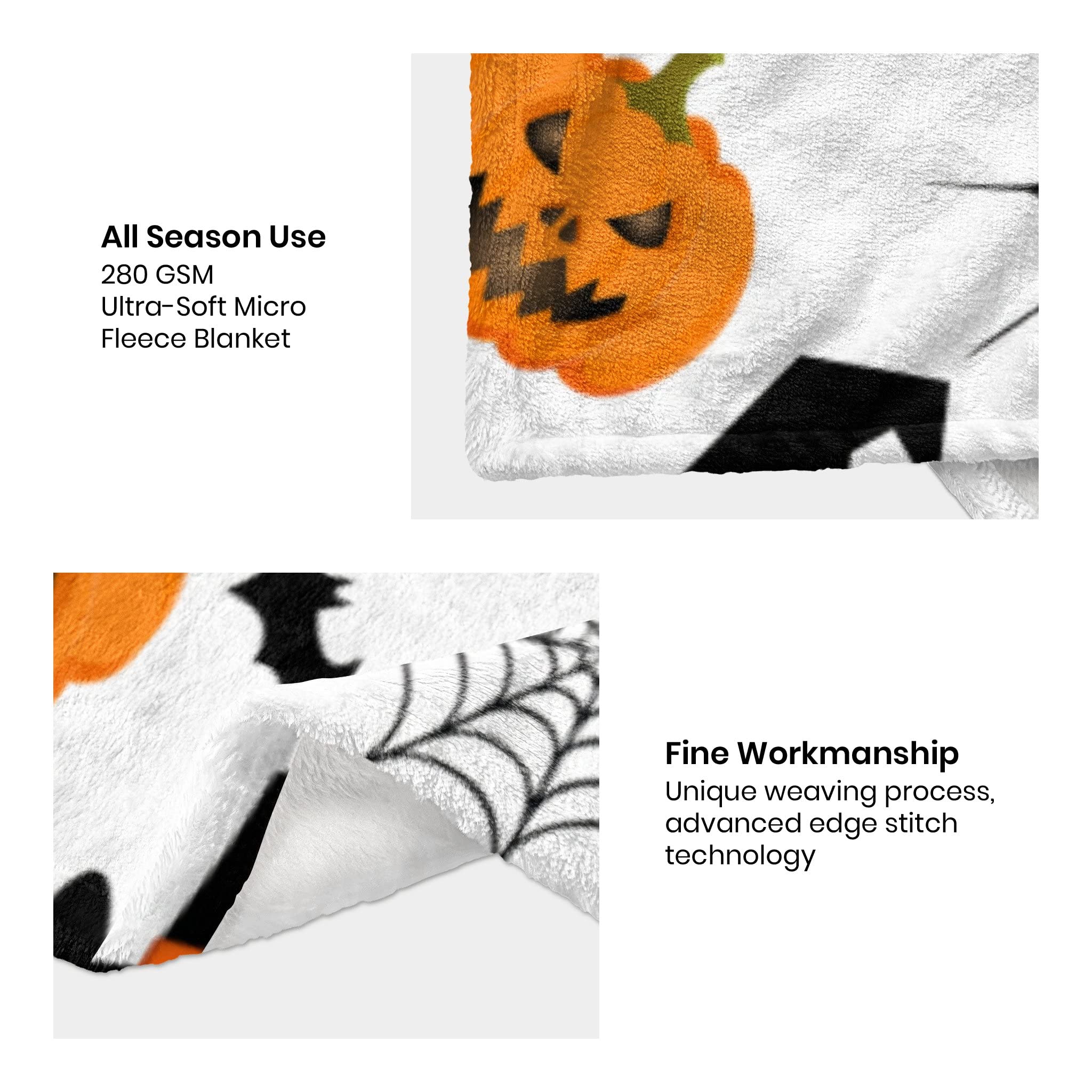 Grüselig-gemütliche Halloween-Überwurfdecke: Boo-Kürbisse, Spinnweben & Katzen Auf Grauem Samt-Fleece (178x127 Cm)