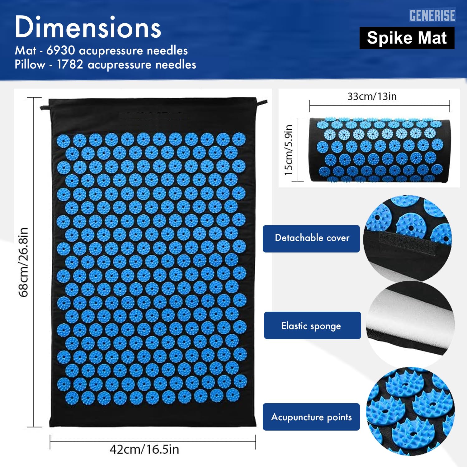 Generise Tapis d'acupression et oreiller pour homme et femme – Soulagement des douleurs dorsales, cervicales et musculaires – Comprend un sac de voyage avec sangle réglable (noir avec pointes bleues)