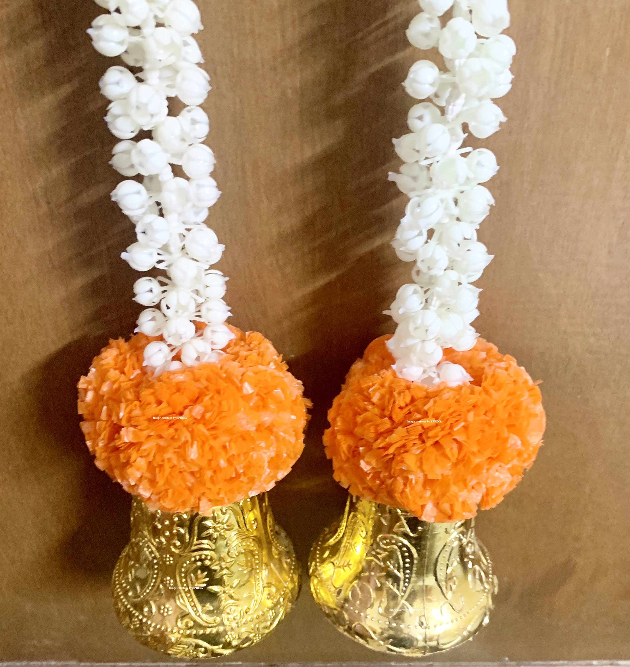 Sphinx artificial jasmine with fluffy marigold and big golden bells strings for decor/backdrop/front drop - (Dark Orange, 2)