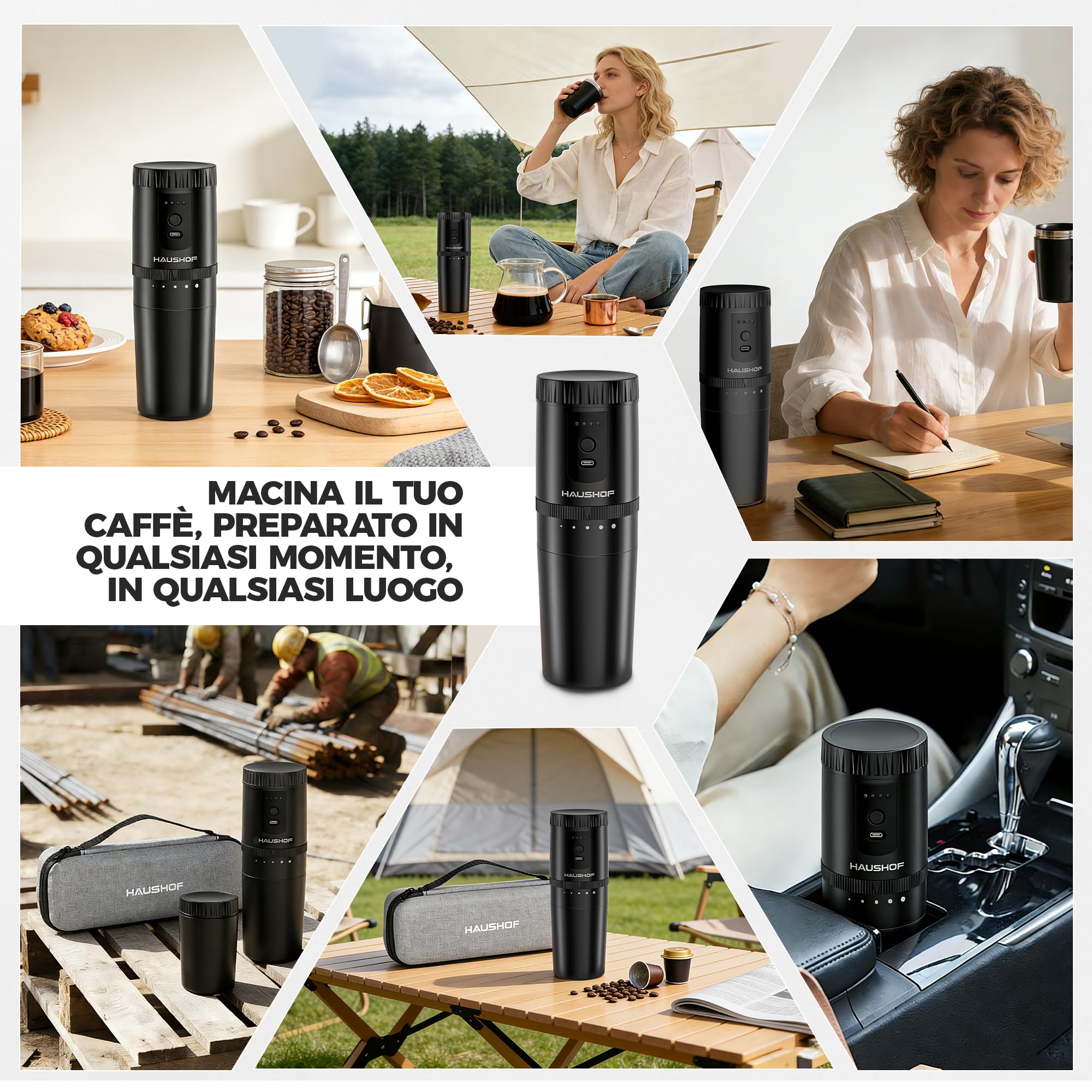 HAUSHOF Macinacaffè Elettrico Portatile Senza Filo con Infusione Integrata, Macinino Ricaricabile, Kit Manuale con Filtro in Acciaio e Tazza Termica da Viaggio, per Campeggio e Outdoor