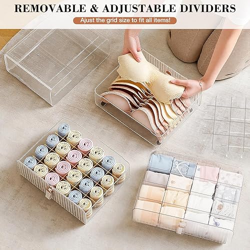 Miniatura 7 de Organizador de cajones de ropa interior para calcetines, 24 compartimentos de acrílico transparente con divisores extraíbles para armario, caja de
