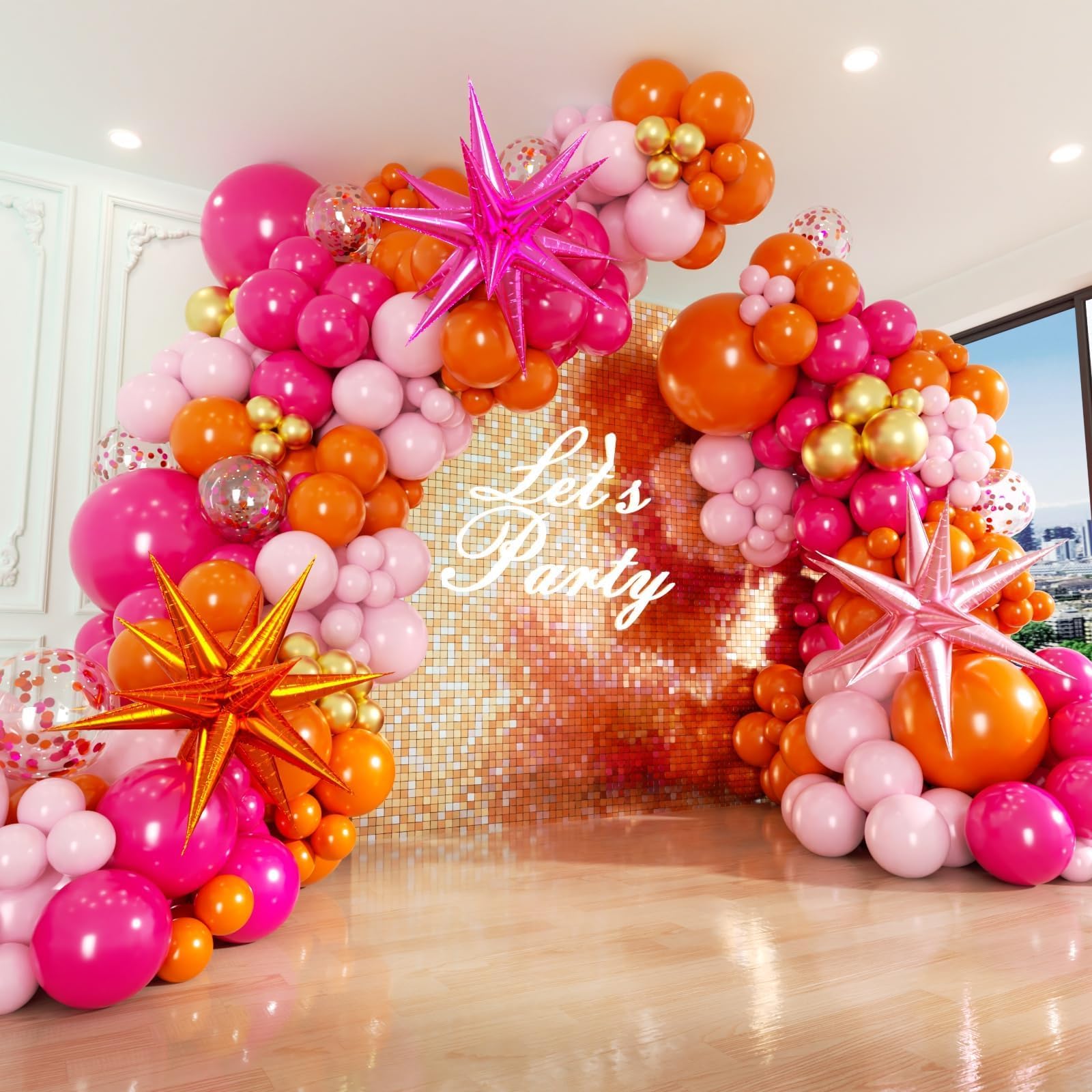 Kit de arco de globos rosa y naranja con confeti dorado metálico, globos rosa intenso y naranja para decoraciones de fiesta de cumpleaños de graduación