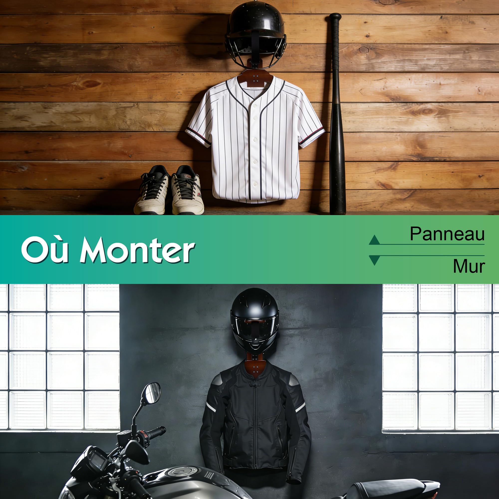 Support Casque Moto, Porte Casque Moto Mural en Bois et Fer, Crochet Multifonctionnel Organisateur Mural Rangement pour Équipements de Cyclisme, Football, Rugby et Autres Sports, Noyer