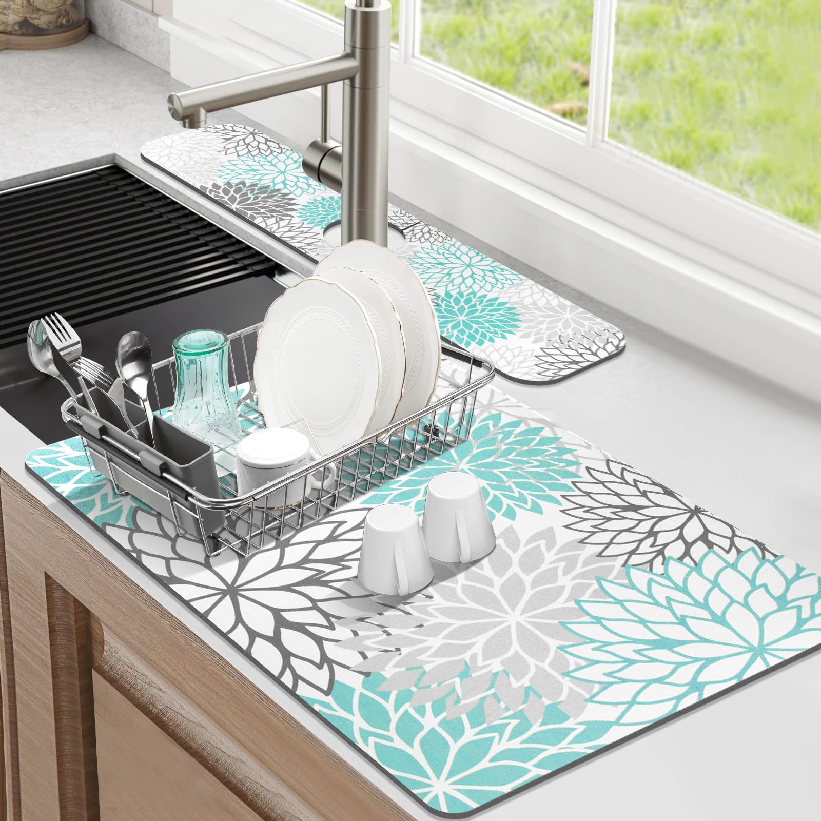 Findosom2PCS 12" x 20" Dish Drying Mat & 24" x 5.5" Sink Splash Guard, Super Absorbent & Cuttable Dish Mat Drying Kitchen Mat with Teal Floral, Hide Stain Drying Mat for Kitchen CounterOEKO-TEX STANDARD 100