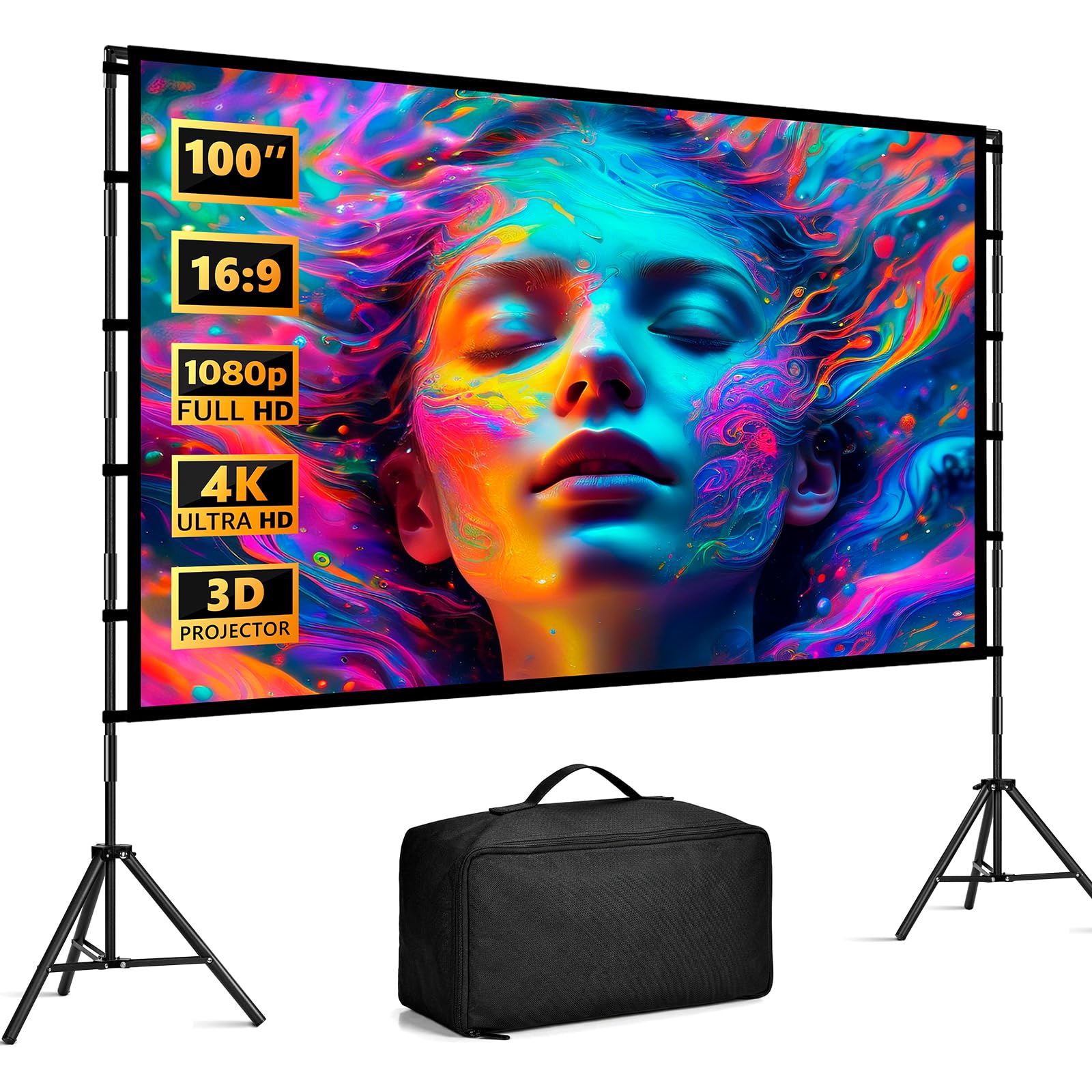 Gigmeta Schermo di Proiezione con Treppiede 120 Pollici, 4K HD Telo Proiettore Pieghevole 16:9, Antipiaga Lavabile per Home Theater Fronte e Retro, Portatile da Esterno