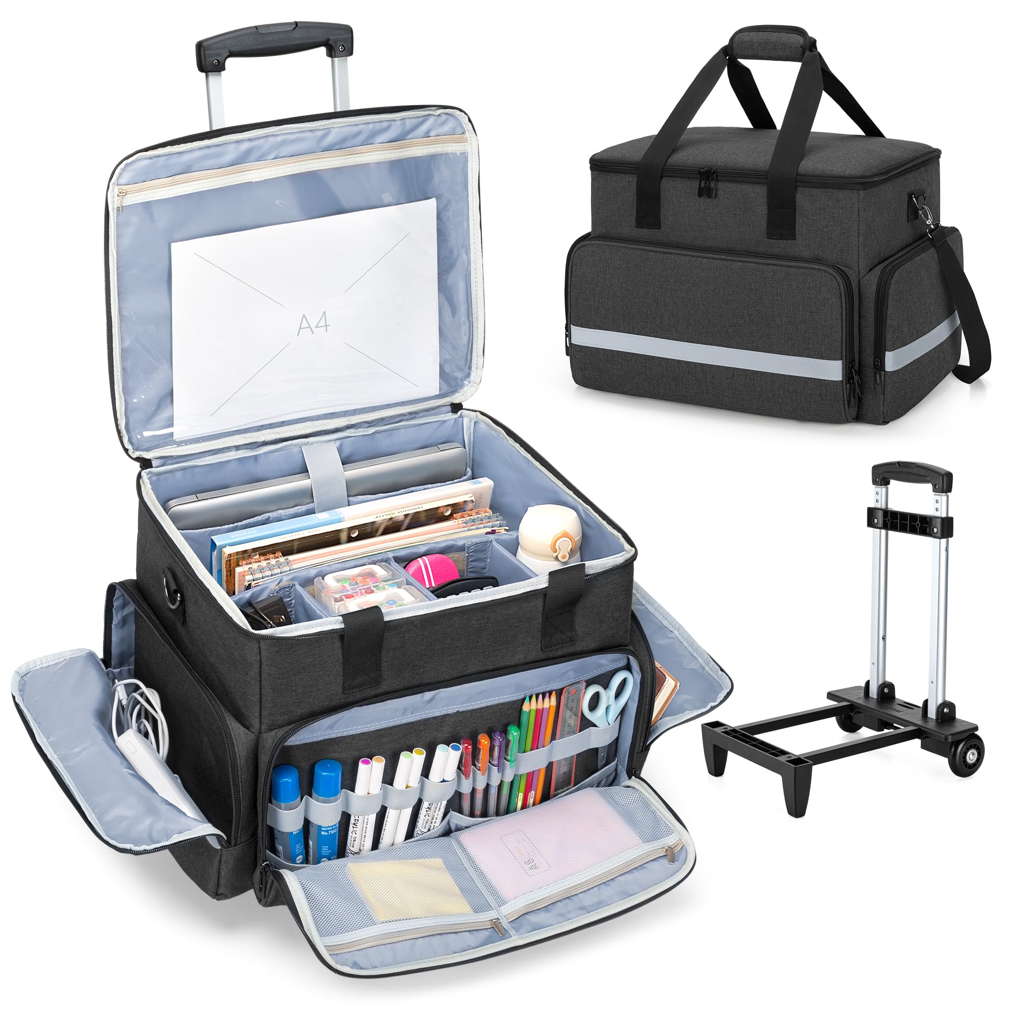 CURMIO Sac de Travail pour Enseignant, Mallettes à roulettes pour Ordinateur Portable 14'', Sacoche Trolley Multifonction pour l'enseignement, Le Bureau, l'artisanat, Noir