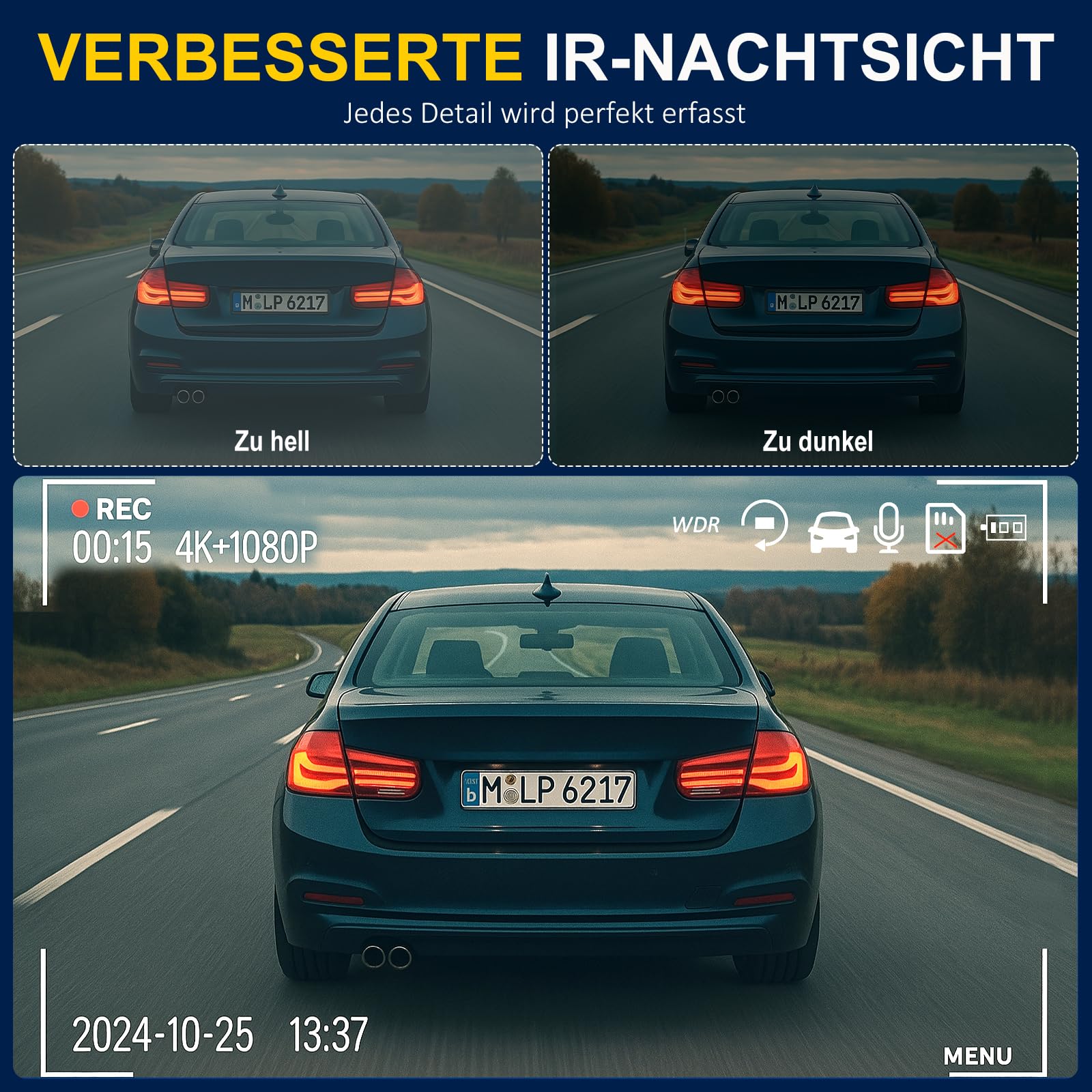 3-Kanal Dashcam Auto 4K+1080P+1080P 3,16" IPS Bildschirm 5G WLAN 64GB SD-Karte Nachtsicht G-Sensor 170° Weitwinkel 24H Parküberwachung