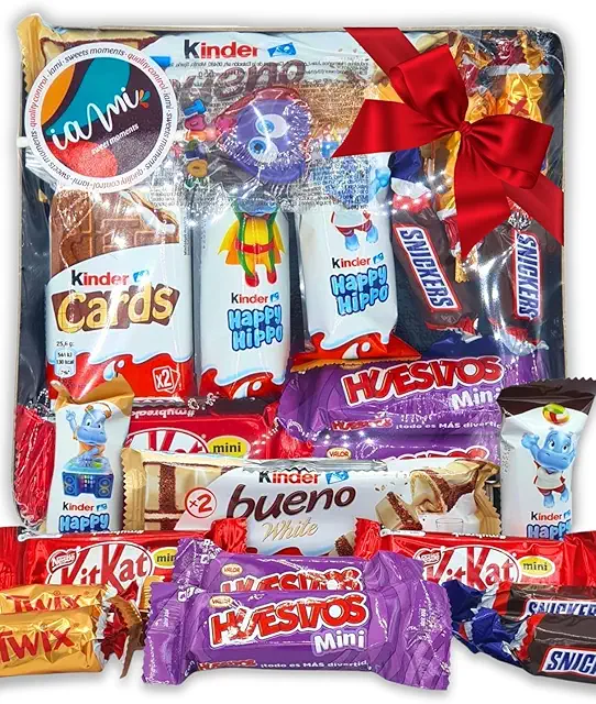 Cesta Regalo Chocolates Kinder, Kit Kat, Twix, Snickers - Bandeja Surtido 13 Mini - Canastillas Bebé