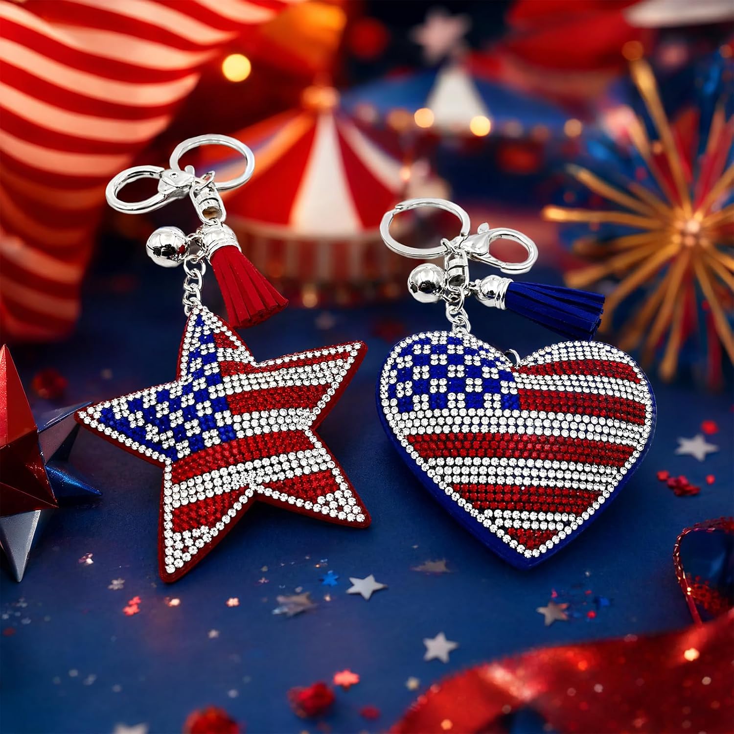 QCWN 2-Pack American Flag Keychain for Women, Bling Rhinestone Star & Heart Purse Charms, Patriotic Crystal Backpack Keyrings Fob Accessory with Tassels for 4th of July USA Decor