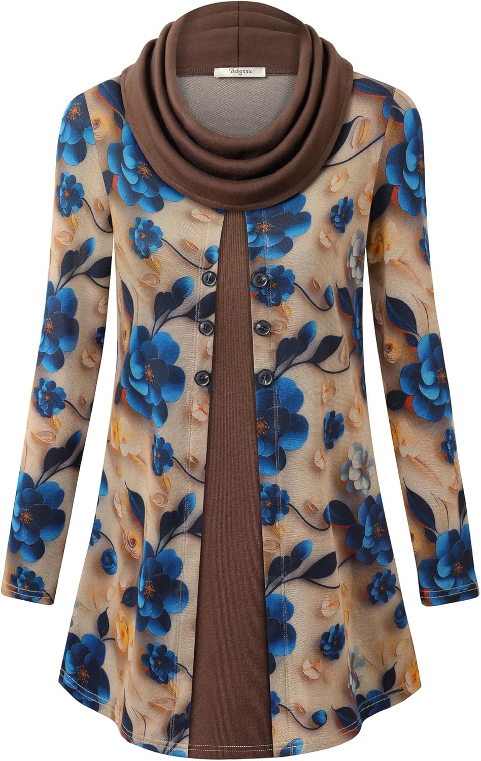 Bebonnie Womens Long Sleeve Cowl Neck Warm Splicing Tunic Tops with Buttons - Image 3