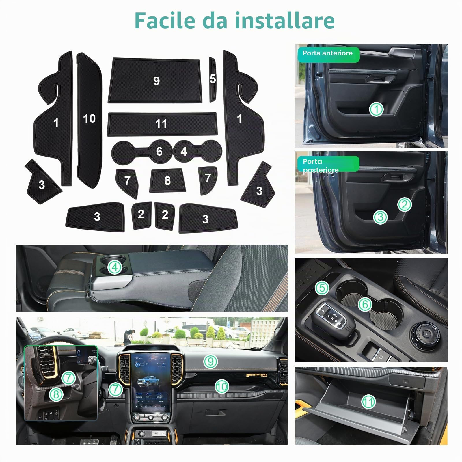 GAFAT Compatibile con Ford Ranger T9 2025 2026-2023 (Freno Elettronico) Tappetini Antiscivolo, Ranger T9 Raptor Wildtrak Tappetino Gomma, Console Centrale, Cuciture Porte, Accessori Ranger 2025 (Nero)