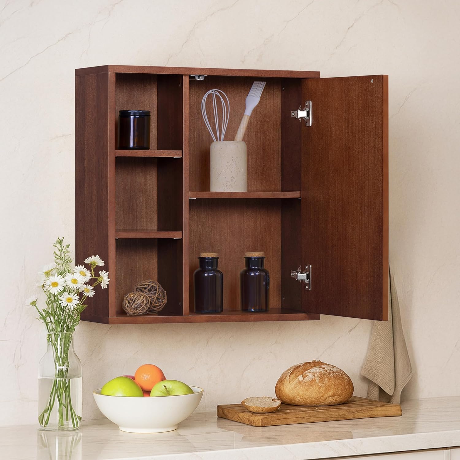 Teamson Home Tremolo 22″ Wide Bathroom Wall Mounted Medicine Cabinet with Open Compartments & 1 Door with Fixed Interior Shelf, Wooden Bracket for Mounting, Natural Fluted Finish in Walnut Color