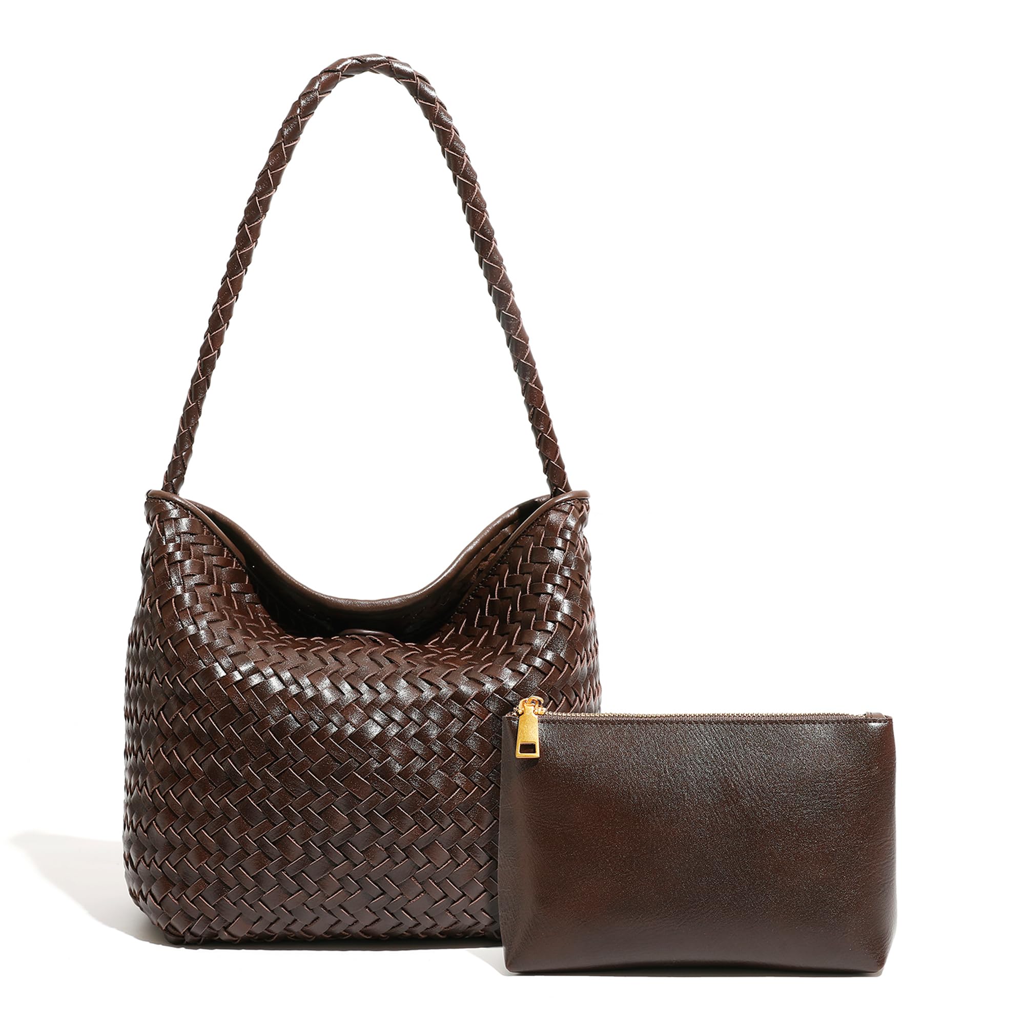 Woven Tote Bag for Women with Purse, Small Hobo Bags Top-handle Shoulder Bag Vegan Leather Underarm Handbag