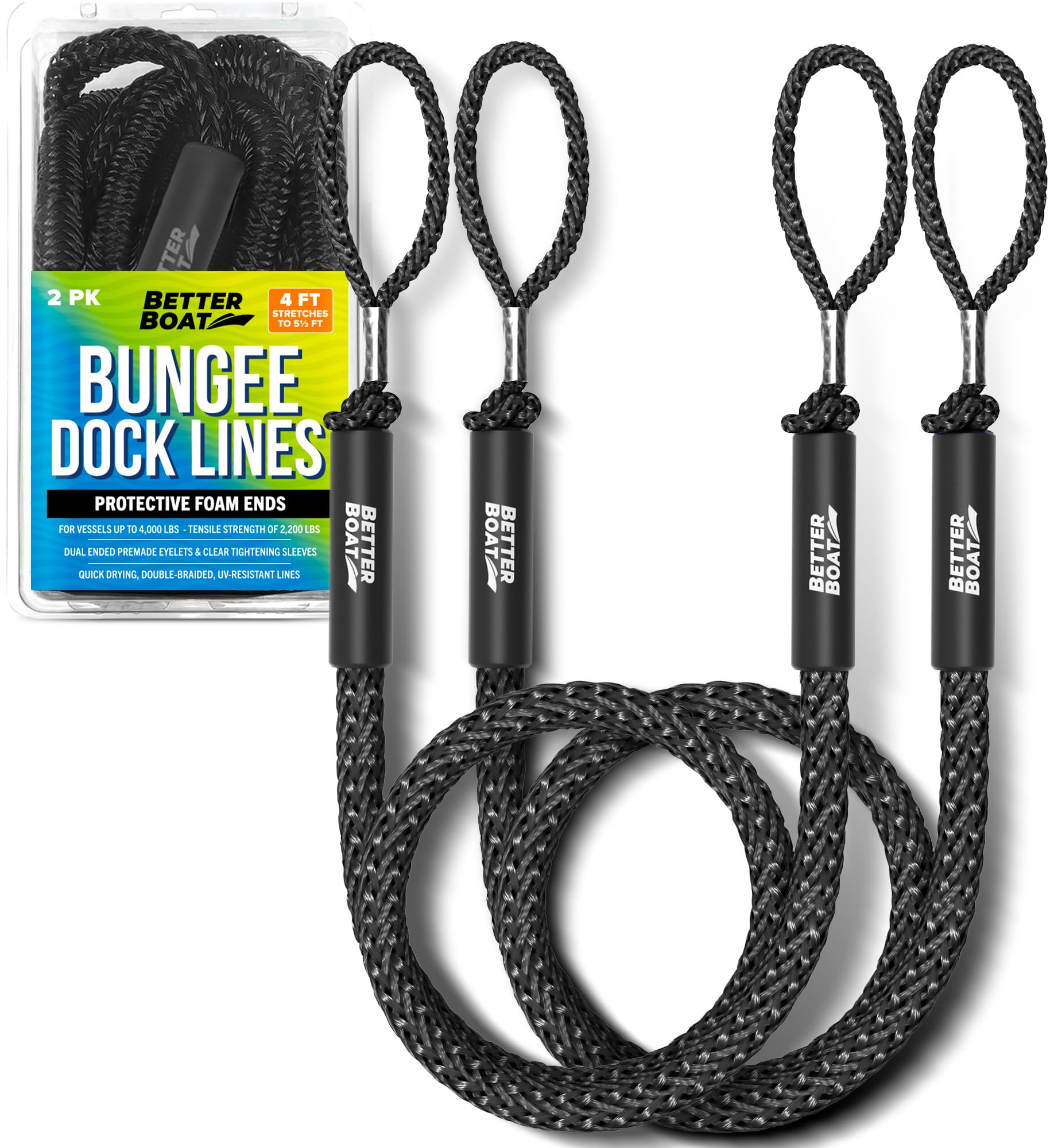 2-Pack Black Bungee Dock Lines, Marine Grade Boat Rope, Jet Ski or PWC