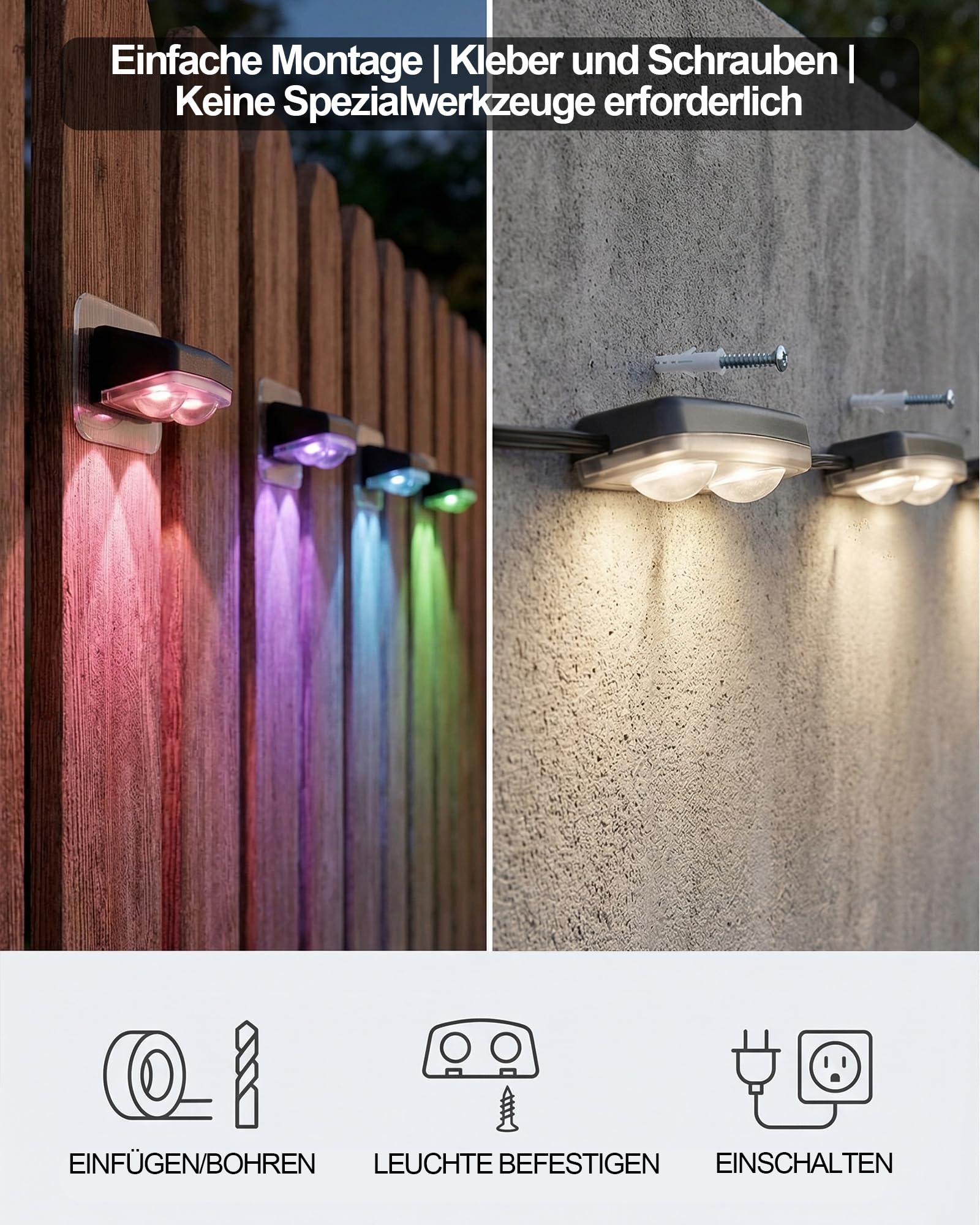 Smart LED Lichterkette Aussen für Zaun, RGBW IC Bluetooth App, IP67 Wasserdicht Outdoor Garten Deko,50ft-8 Leuchten