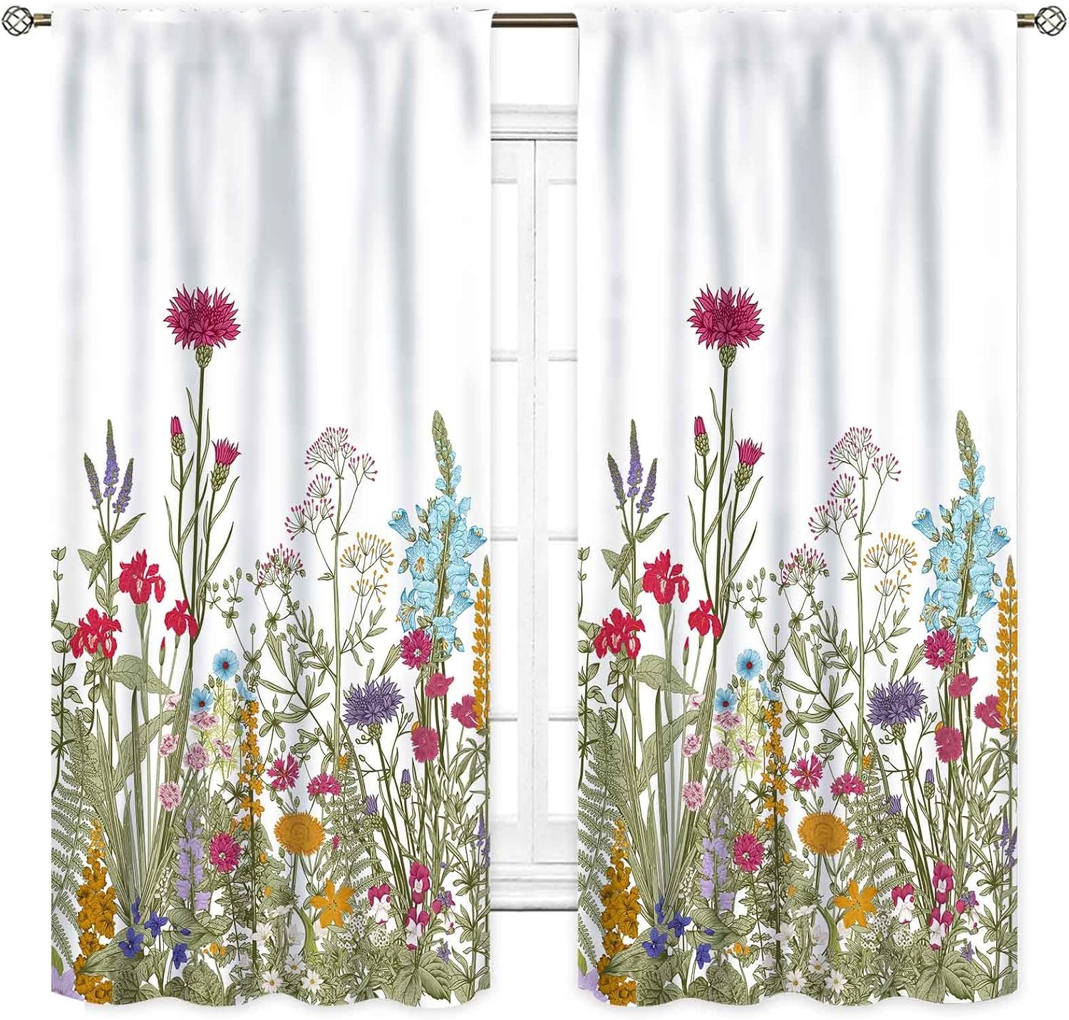 Wild Floral Curtains, Rustic Green Leaf Vintage Floral Colorful Plant Herbs Spring Flower Blossom Botanical Nature Window Drapes Treatments for Bedroom Living Room Kitchen 2 Panels, 42"x54" Inch