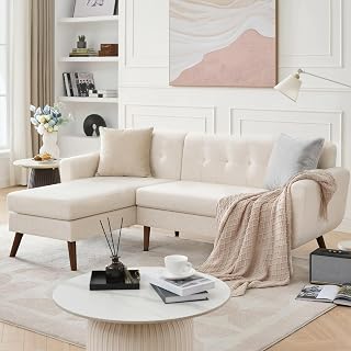 TBfit 80" L-Shaped Sectional Sofa, Mid-Century Modern 3-Seater Couch with Wide Chaise, Button Tufted Beige Linen Fabric
