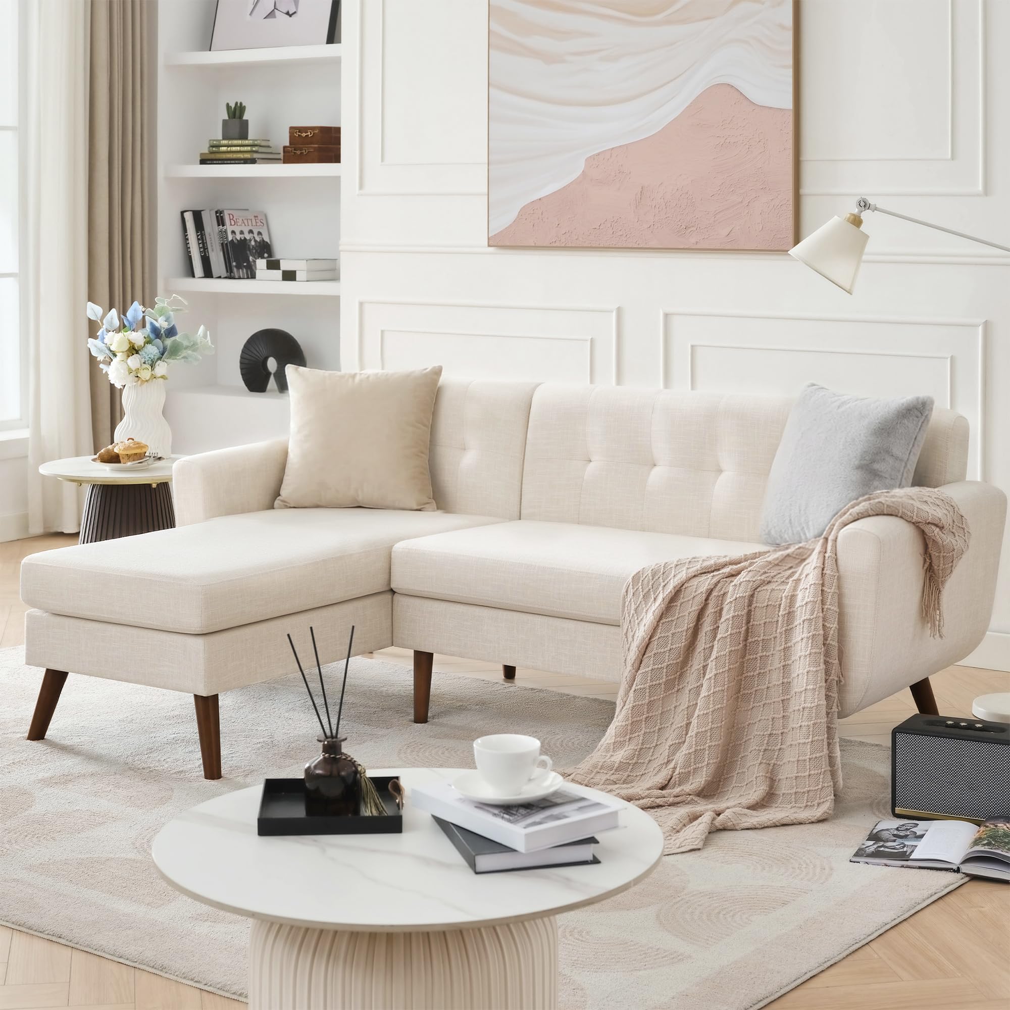 Tbfit L Shaped Couch Sofa, 80" W Mid-Century Modern Sectional Couches, 3 Seater Sofas with Wide Chaise Lounge, Button Tufted Upholstered Sectional Sofa for Living Room, Bedroom, Beige | linen fabric, button tufted, solid wood foot, pocket spring, wood slats frame