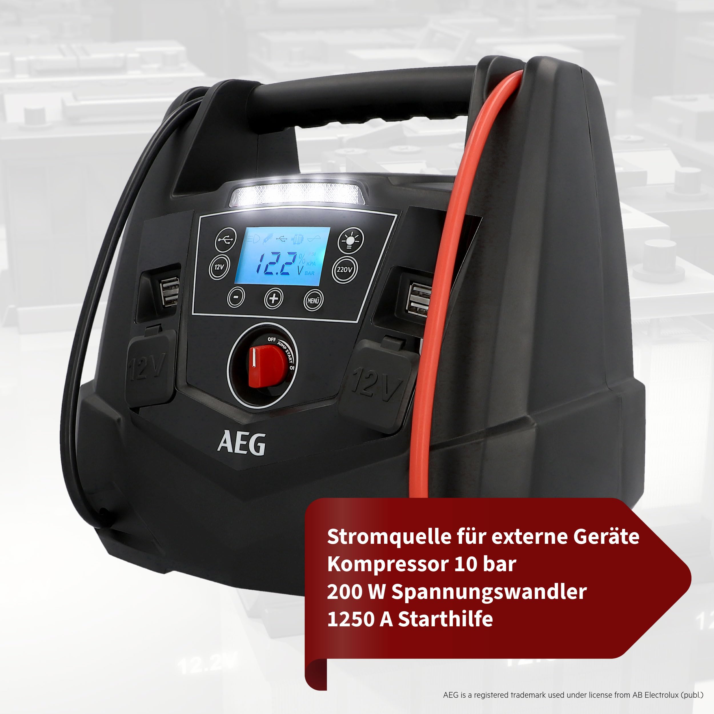 AEG Tragbare 12V Energiestation Auto Starthilfe, Powerstation mit Luftkompressor, 220V Spannungswandler, Steckdose,mit 4 USB, Kompatibel mit PKW, Schwarz/Rot