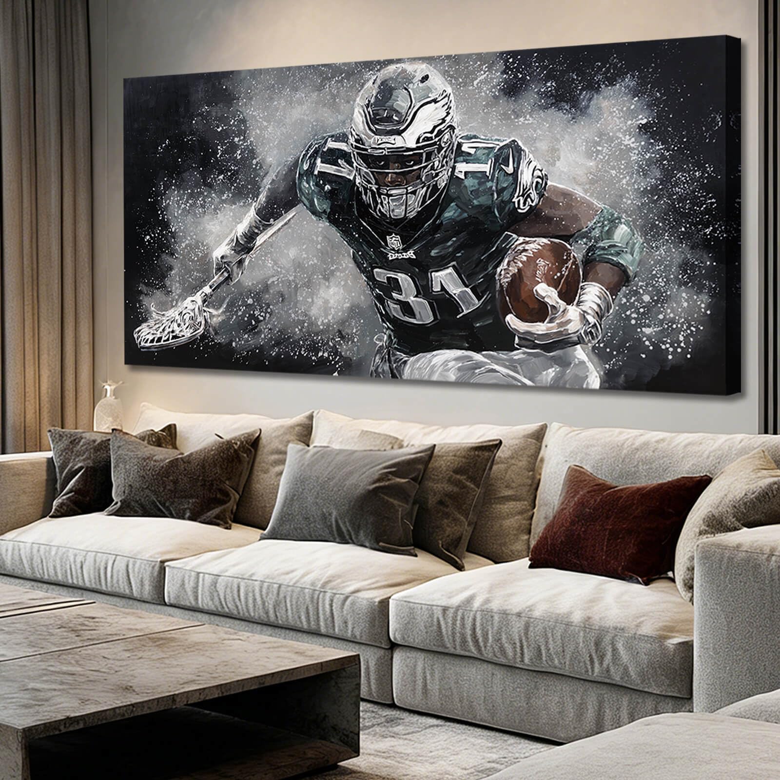Photo 1 of WINKAILIN Large American Football Canvas Artwork with Modern Sports Athlete Painting Poster for Bedroom Living Room Office Gym Wall Decoration 29x58 Inch