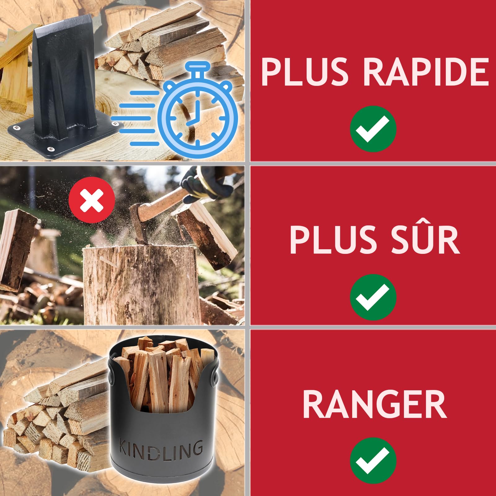 SPARES2GO Petit burin à bois robuste pour fendre le bois de chauffage (3 kg, grand)