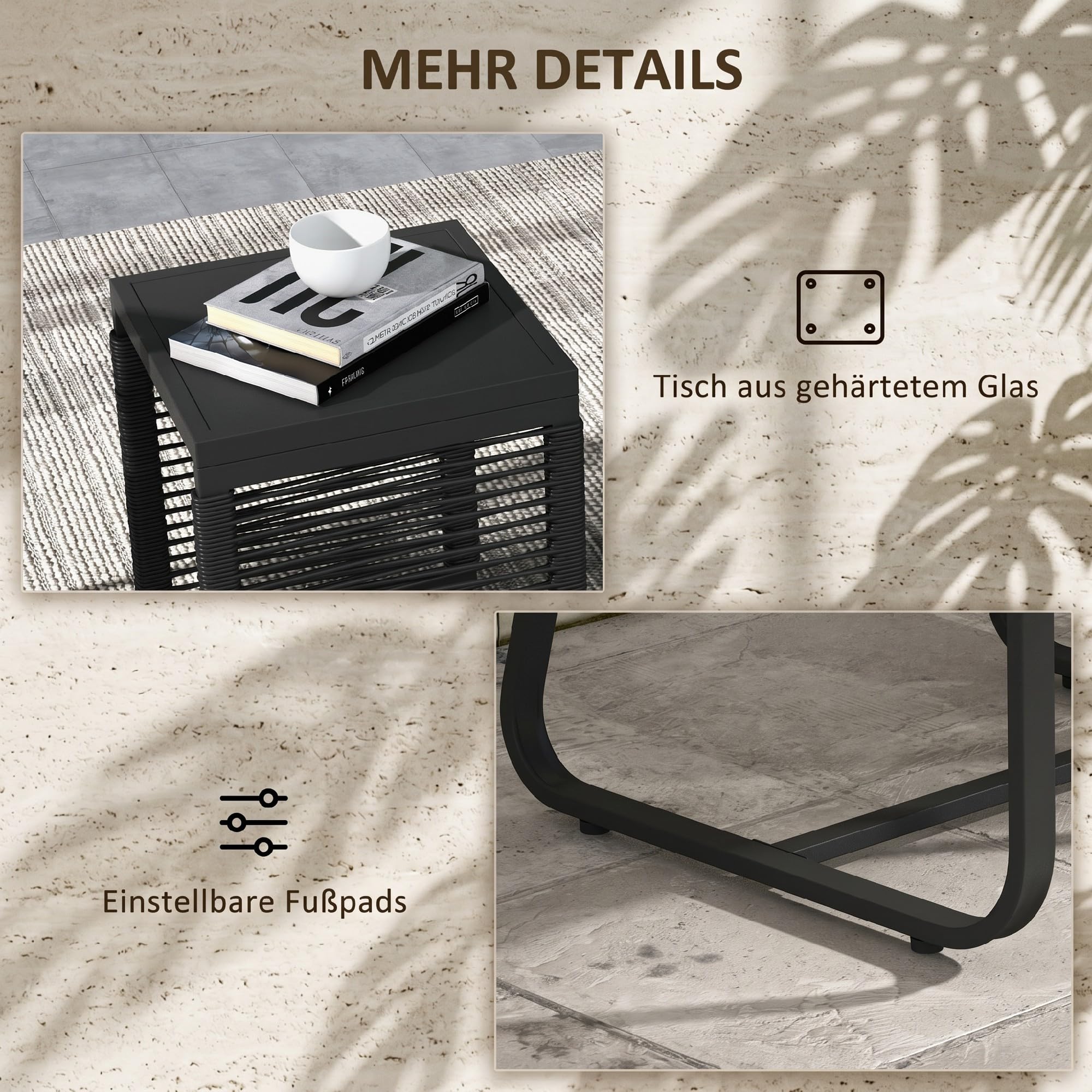Outsunny 3-teiliges Rattan Gartenmöbel-Set Sitzgruppe Gartengarnitur mit 2 Gartenstühlen, Beistelltisch mit Hartglasplatte, inklusive Kissen, ideal für Balkon, Schwarz