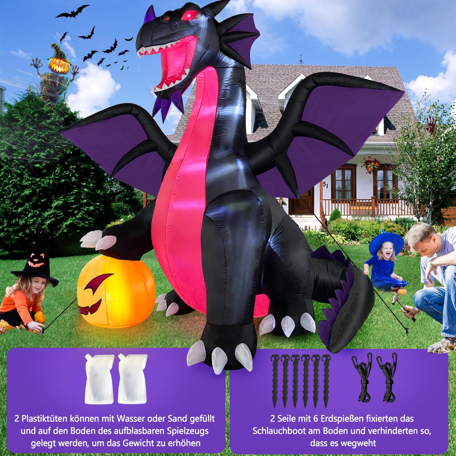 Danxilu 2,7m XXL Halloween Aufblasbar Drache auf Kürbis Outdoor Deko | Aufblasbare Figuren Dekoration mit LED-Beleuchtung für Garten Draußen Rasen Party Vorgarten