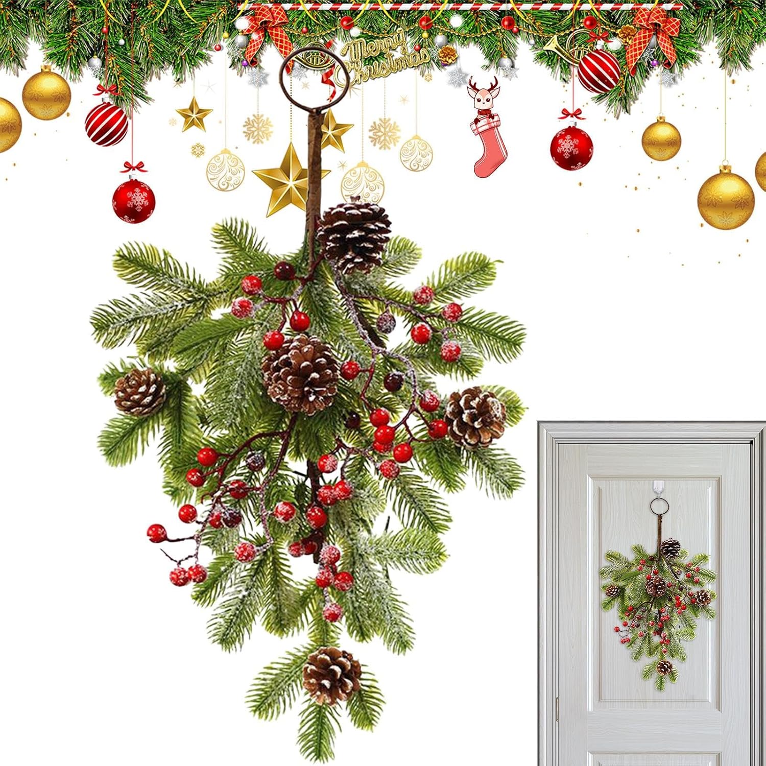 Christmas Wreaths – Teardrop Berry Pine Cone Swag, Festive Front Door Garland, Holiday Decorative Accent, Indoor Outdoor Seasonal Decor for Fireplace, Porch, Window, Door
