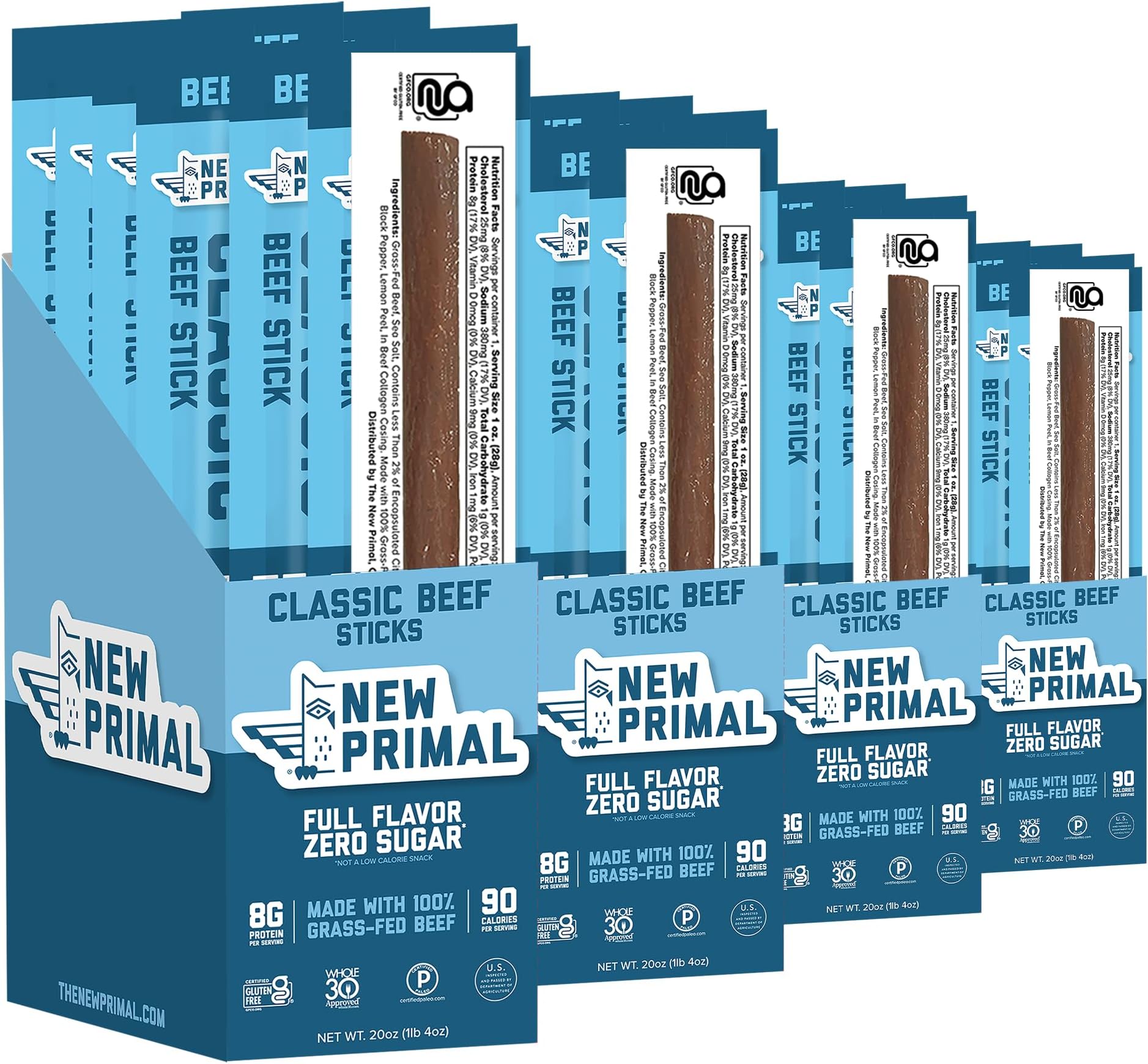 The New Primal Grass Fed Beef Sticks, Keto, Gluten Free Healthy Snacks for Adults, Sugar Free Low Carb High Protein Snack, Paleo Whole30 Jerky Meat Stick, 8g Protein, 90 Calories, 80 Pack
