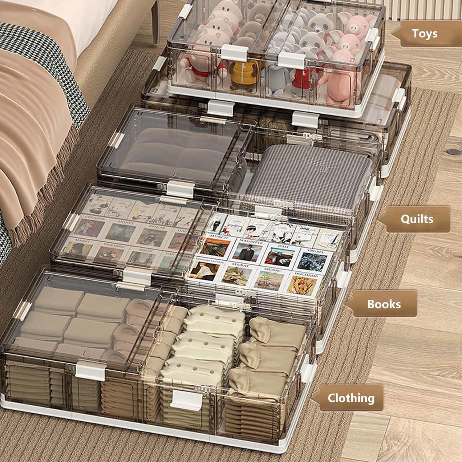 Underbed Shoe Storage with Wheels Plastic, Stackable, Under Bed Drawers 66L Under Bed Drawers on Wheels for Clothes,Shoes,Toys,transparent-1pack