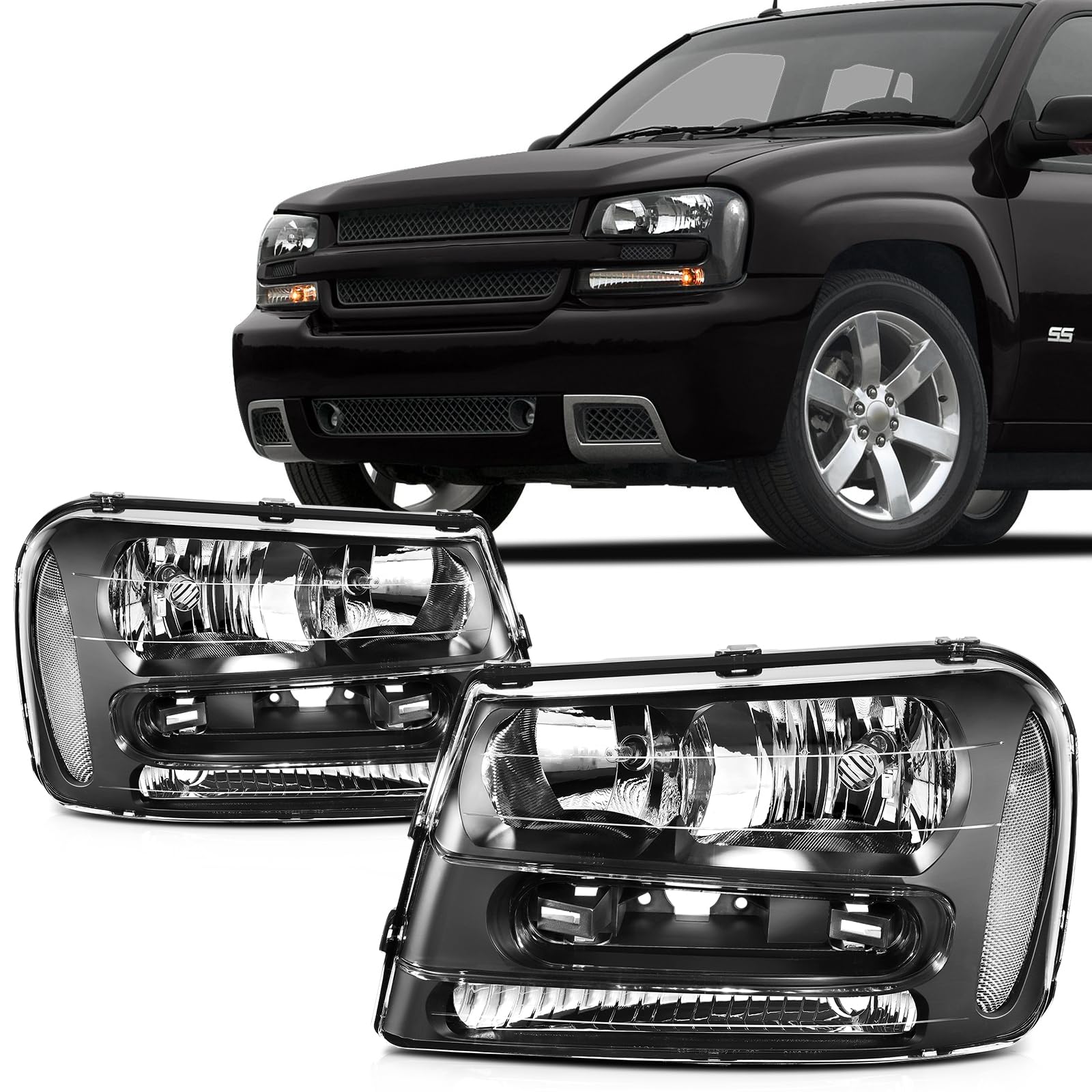 SCITOO Headlight Assembly Fit for Chevrolet Trailblazer 2002-2009 for Chevrolet Trailblazer EXT 2002-2006 Pair Headlamps OE:25970915