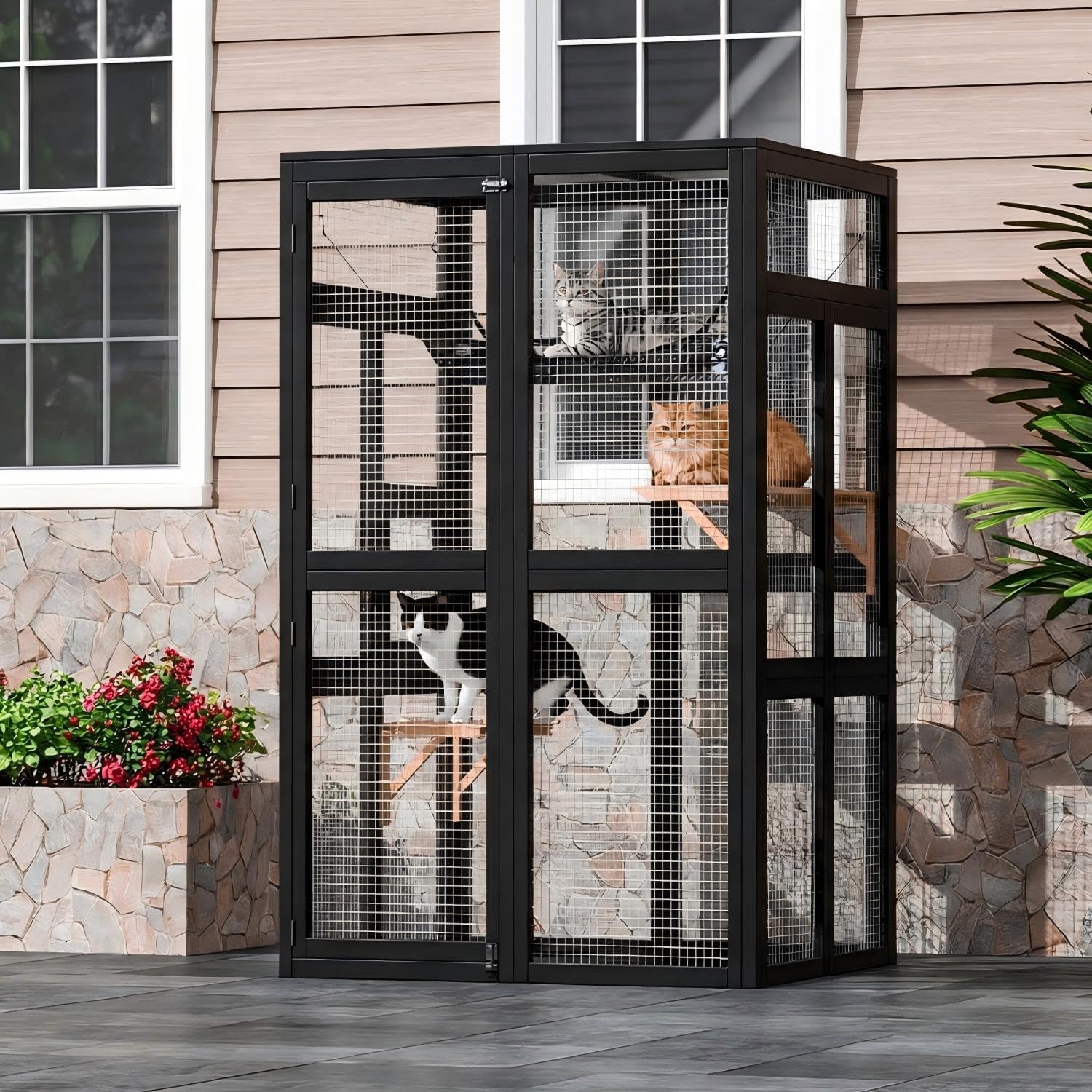 Garvee Enclos à Chat Extérieur en Bois – Toit imperméable, 2 Plateformes, Hamac, Accès Fenêtre – Multi-Chats, Jardin, Balcon, Noir, 100×84×162 cm