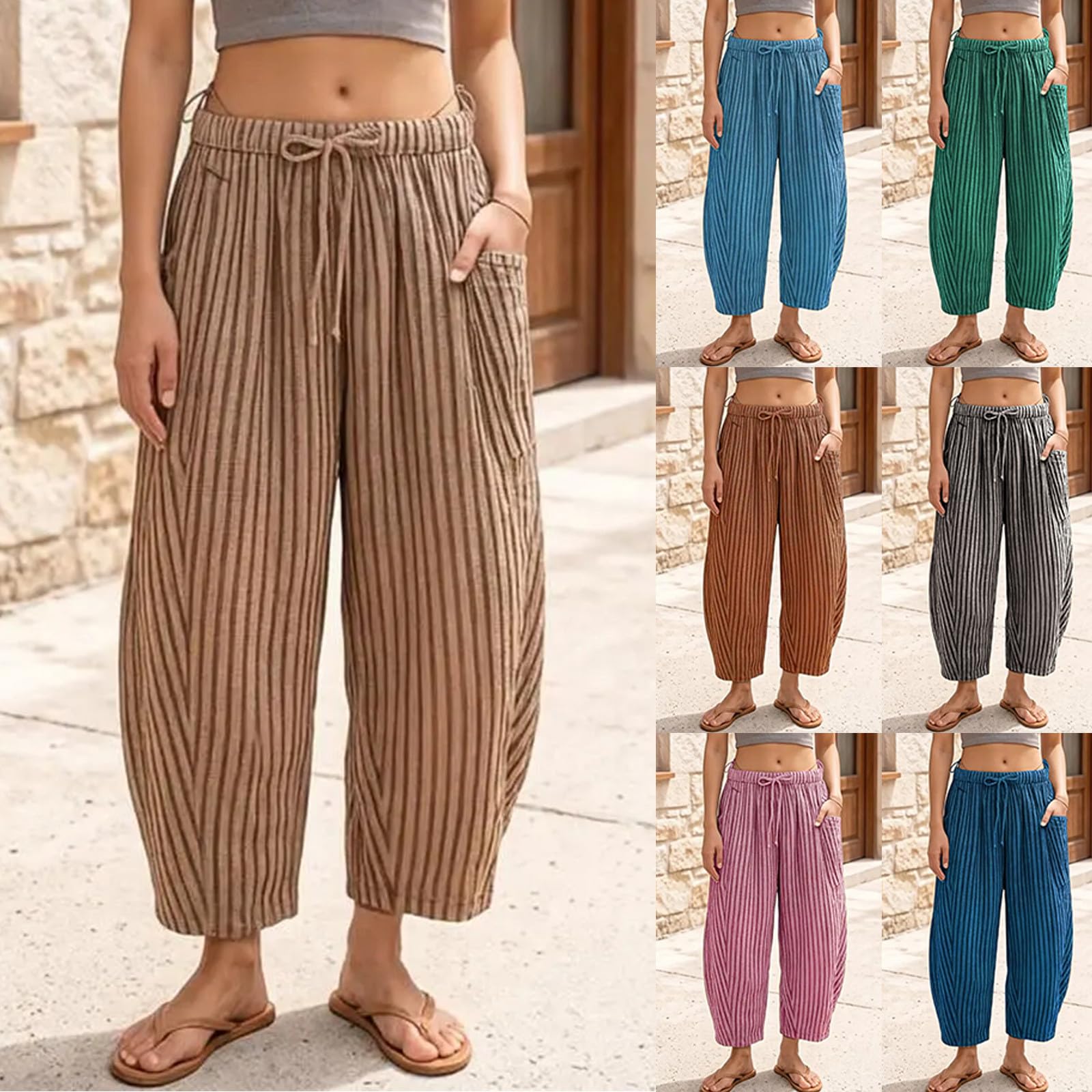 Pantalones de lino para mujer, pantalones de verano ligeros, aireados, con goma elástica y bolsillos, cintura alta, pantalones de tela sueltos, informales, pantalones de ocio de pierna ancha