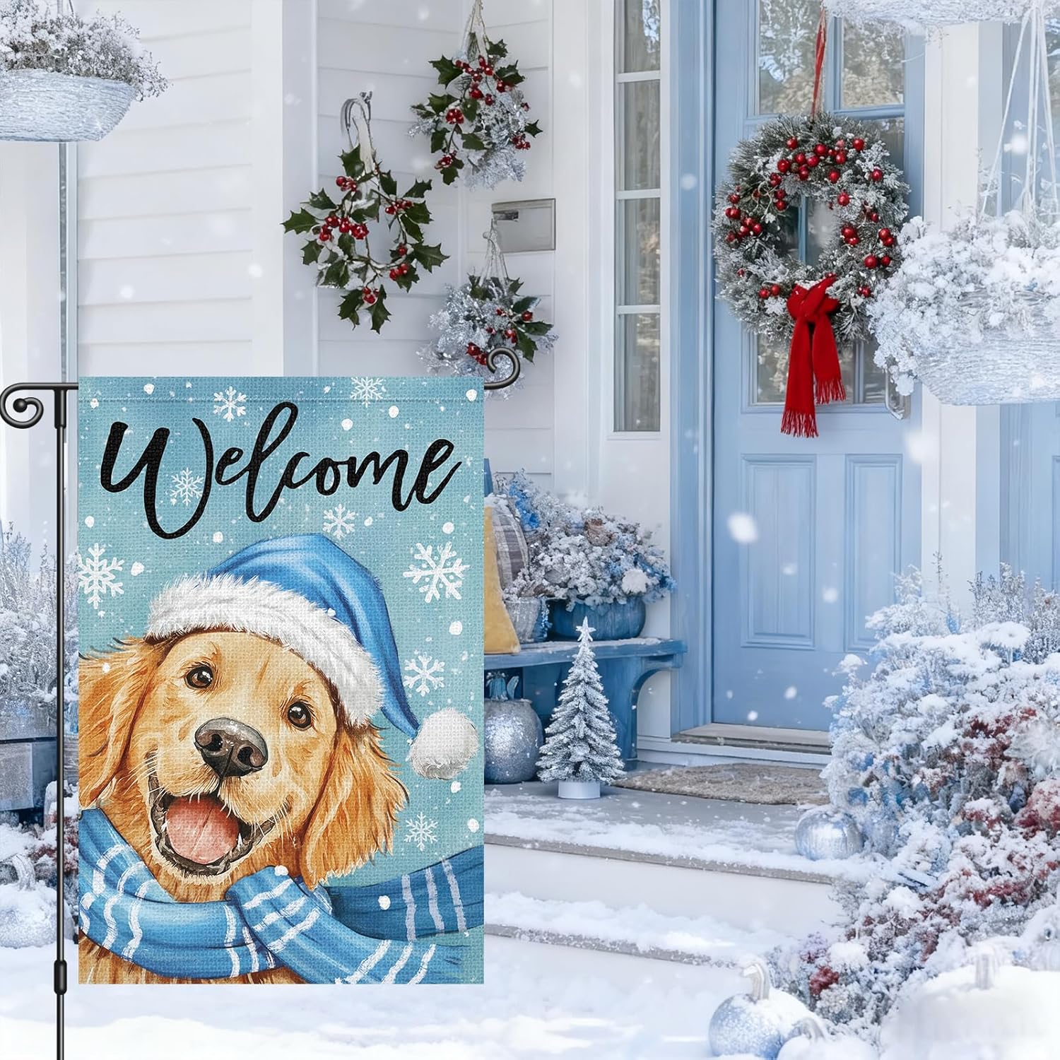 Louise Maelys Winter Welcome Garden Flag Golden Retriever Snowflake 12x18 Inch Double Sided Snowy Christmas Xmas Holiday Seasonal Small Burlap Yard Sign Outside Outdoor House Decor - Image 2