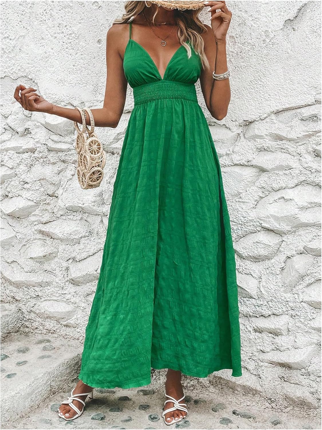 Milumia Women's Summer Smocked Cami Maxi Dress Boho V Neck Spaghetti Strap A Line Flowy Beach Long Sundress - Image 5