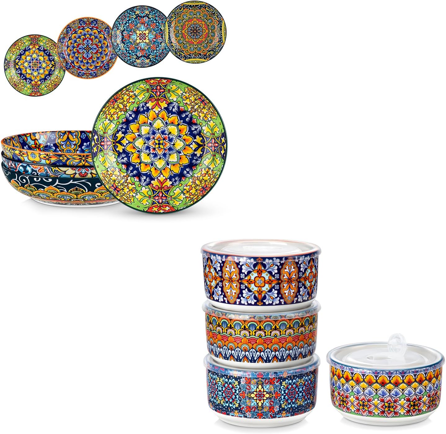 vancasso Pasta Bowls, 42 oz Ceramic Salad Bowls of 4, 36 oz Ceramic Bowls with Lids Set of 4