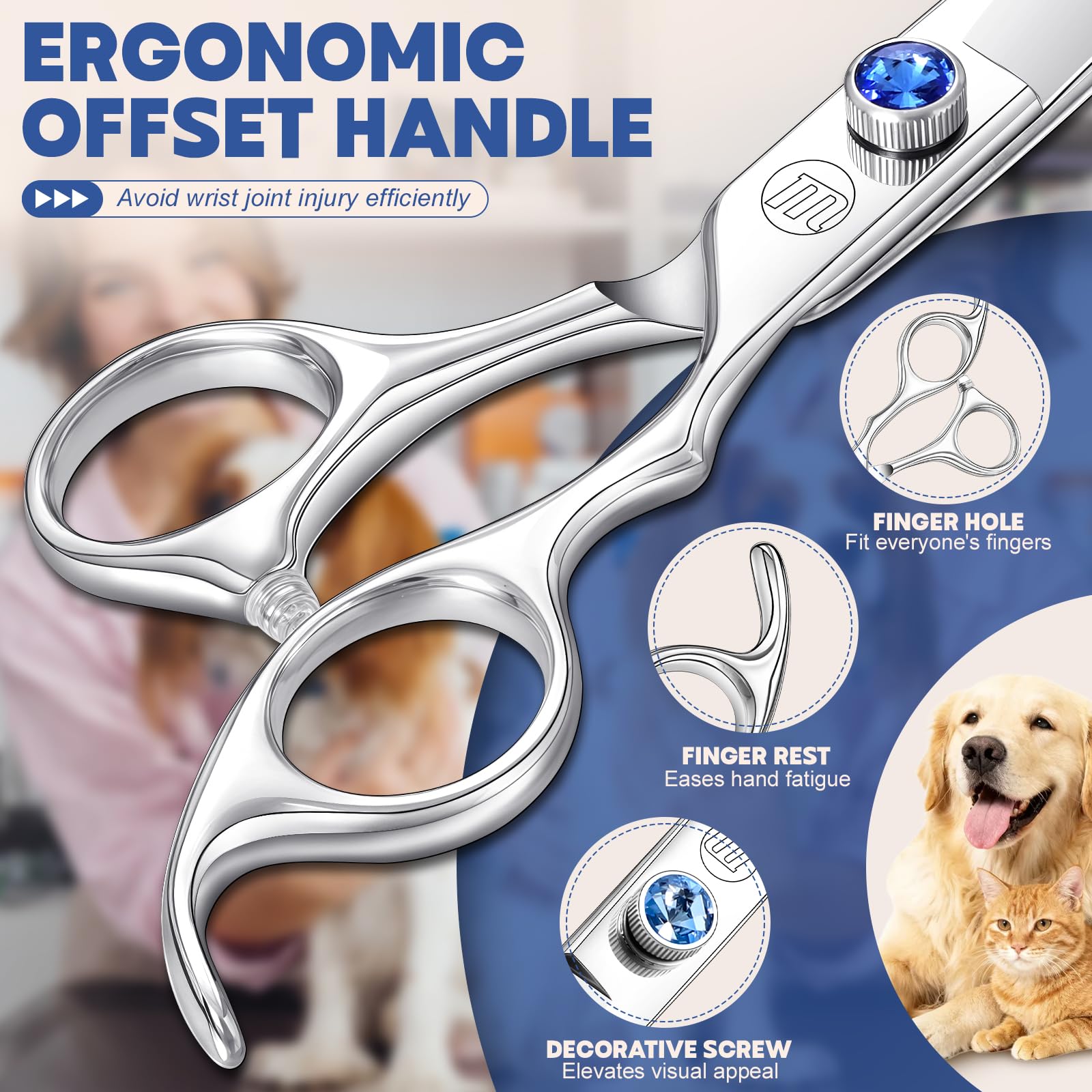 Moontay Ciseaux de Toilettage Professionnels pour Chiens Ciseaux à Fourrure droits pour couper les poils Ciseaux de 7 pouces en acier inoxydable japonais 440C Ciseaux de Toilettage pour Animaux Argent