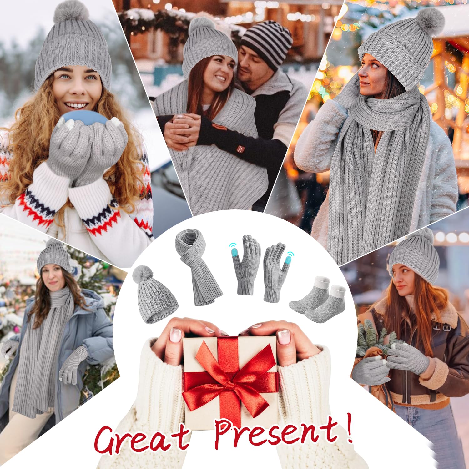 Gorro Bufanda De Punto Guantes Invierno Set, 4pcs Conjunto Esqui Mujer con Guantes Pantalla Táctil y Calcetines Térmicos, Conjunto Gorro Calavera para Mujer Deportes Aire Libre