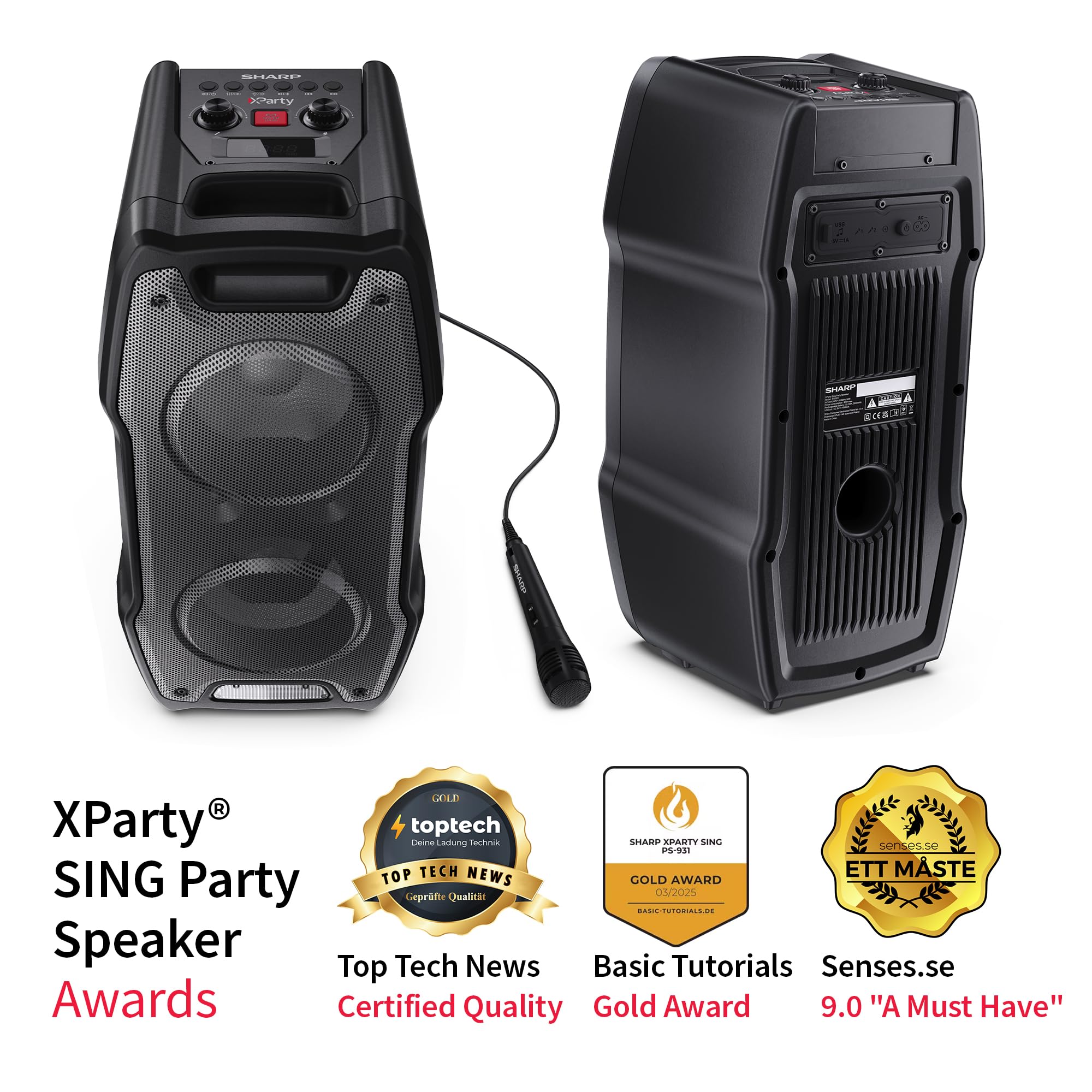 Sharp PS-931 Party Speaker, microfono, TWS, Bluetooth, 2xUSB, 2 porte da 6,3 mm per microfono e chitarra, luci multicolori, 180W P.maxima, batteria litio integrata con fino a 13 ore di riproduzione