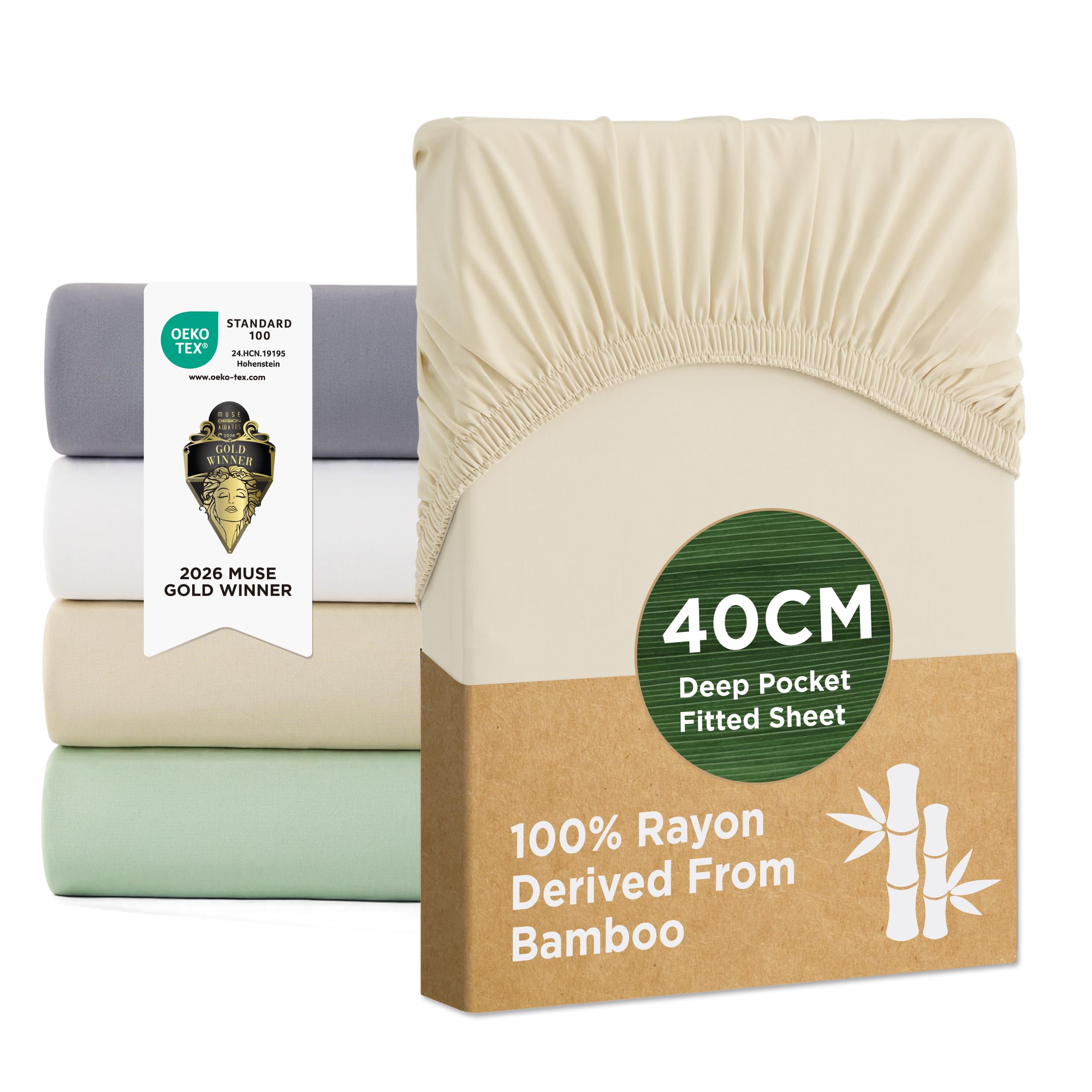 Bedsure Double Fitted Sheet Deep - 100% Rayon Derived from Bamboo, Cooling Bed Sheets, Soft Breathable Hypoallergenic, Extra Deep Pocket 40cm, Beige