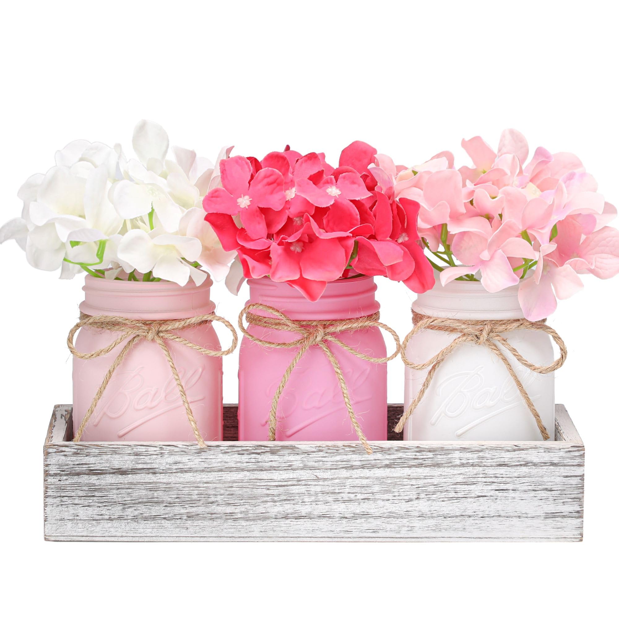 Valentines Mason Jar Centerpiece for Table with Wood Tray, Pink Painted Decorative Mason Jars for Valentines Decorations Table Kitchen Decor, Mothers