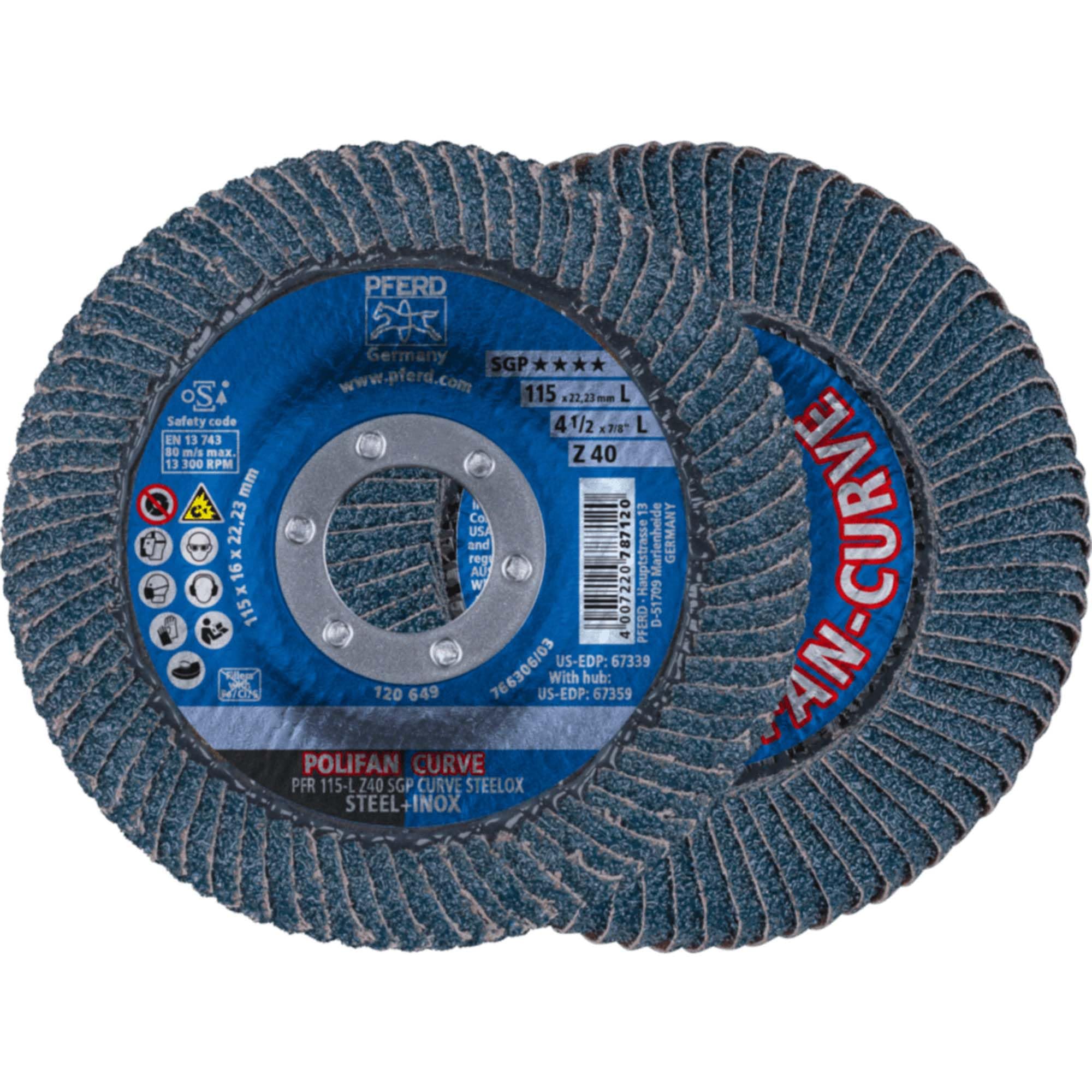 PFERD TOOLS 67698042 - Disco de láminas de pulido (2 unidades, diámetro de 115 mm, ancho L (14 mm), Z40, SGP STEELOX | 67698042
