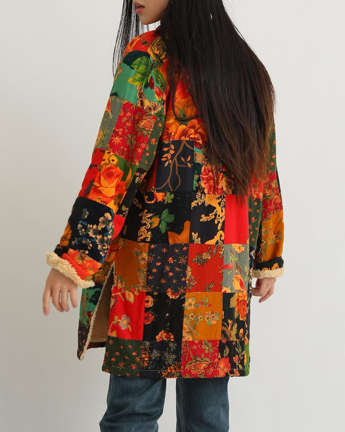 Women's Boho Floral Patchwork Fleece-Lined Jacket, Warm Color-Blocked Plaid Winter Coat for Cold Weather