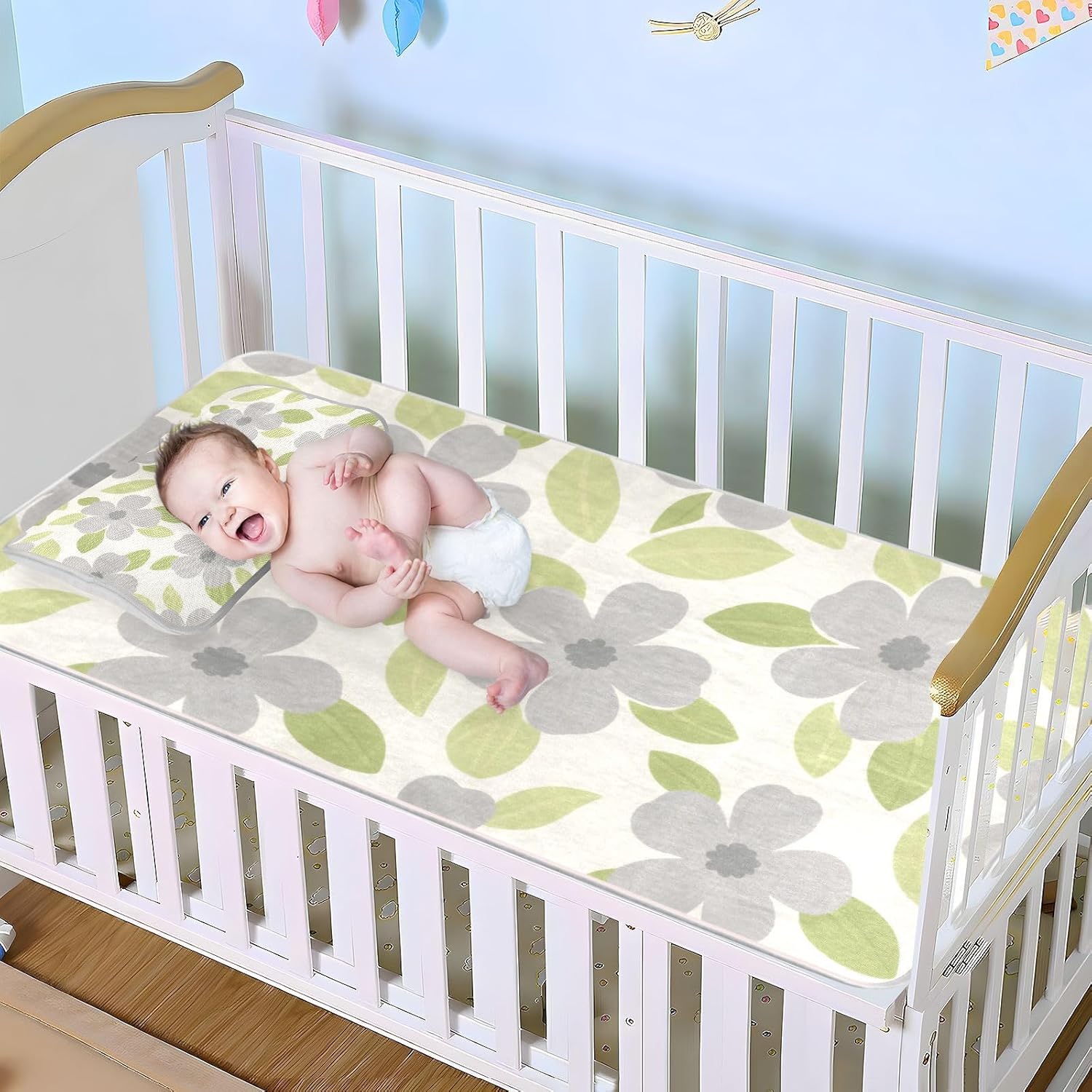 Grey Simple Flowers Cooling Baby Crib Mattress Protector 28" x 52" Breathable Pads Washable Waterproof for Baby&Toddler