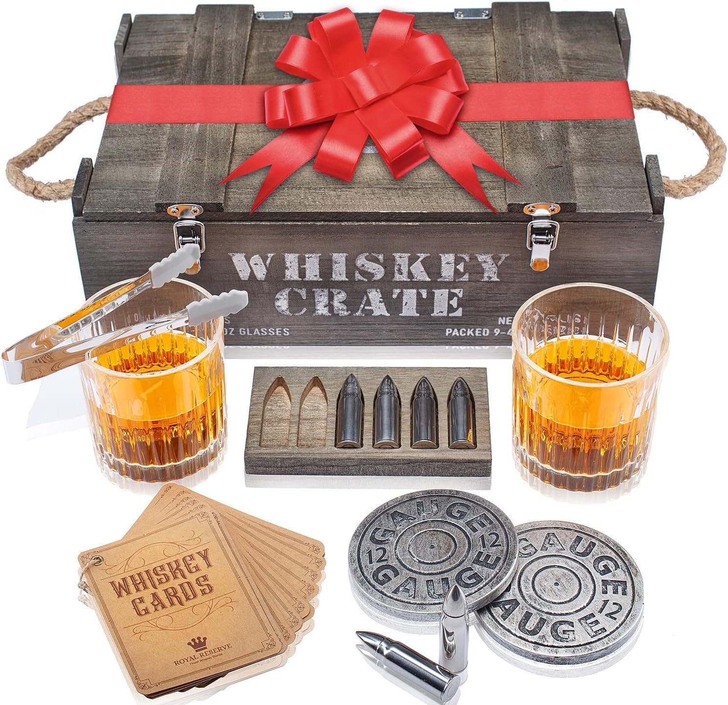 Whisky Gift Set - Whisky Glass Set of 2, Bullet Stones Coasters, Wooden Box - Birthday Gifts for Men Husband Friend Dad Boyfriend by Royal Reserve